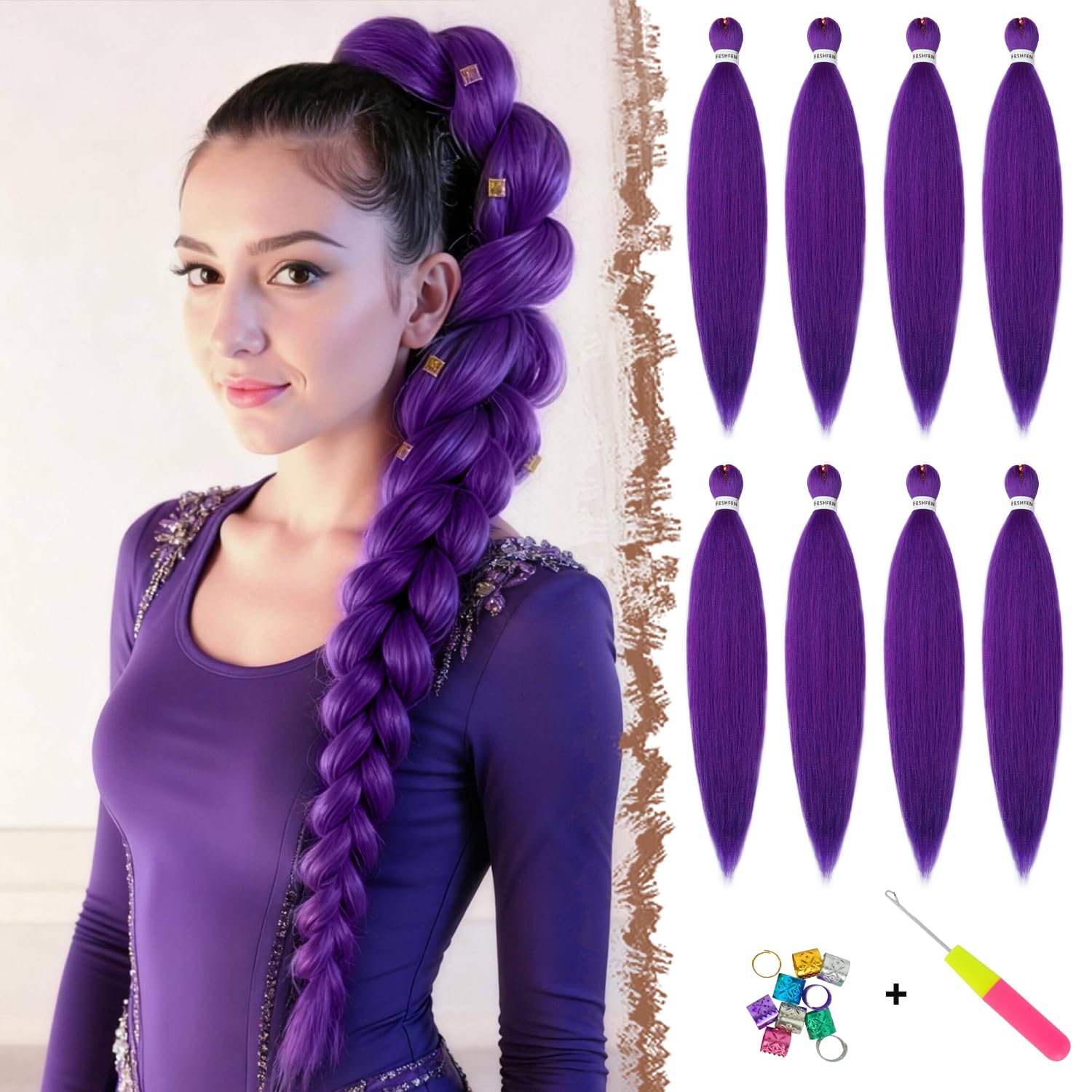 FESHFEN Meches pour Tresses Africaine Rajout Cheveux Tresses Pré étiré Tressage Braiding Hair Synthétiques Yaki 8 Packs Hair Braids Extensions de cheveux pour Femme 65cm Noir cassé à Auburn clair