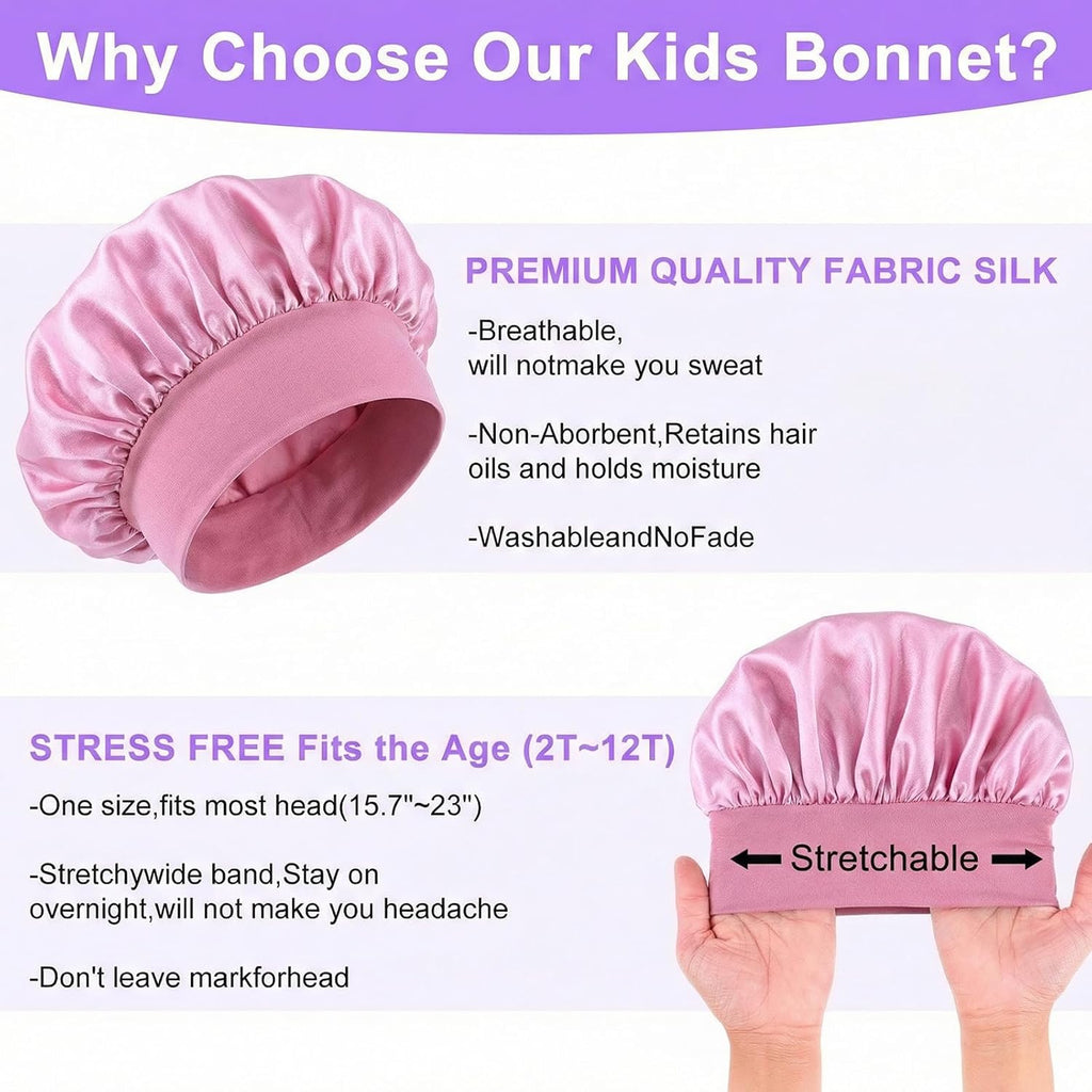 Lot de 2 bonnets en satin de soie pour le sommeil des enfants, à large bande élastique pour cheveux bouclés naturels, bonnet de couchage pour nourrissons, adolescents, tout-petits, garçons et