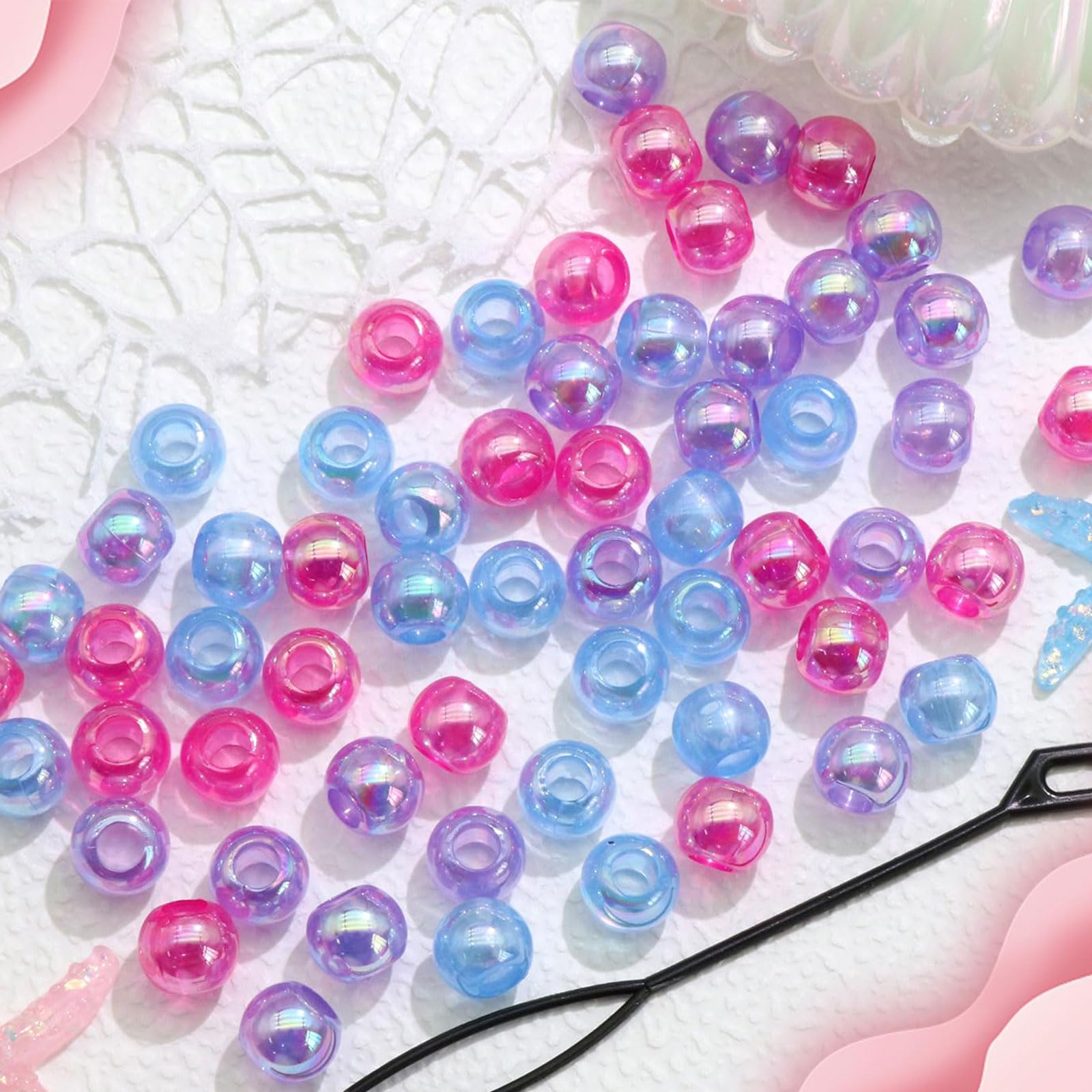 60PCS Perles à Tresser AB Pour Enfants Filles Perles Rondes en Acrylique Bleu Violet Transparent avec Aide à L'Enfilage