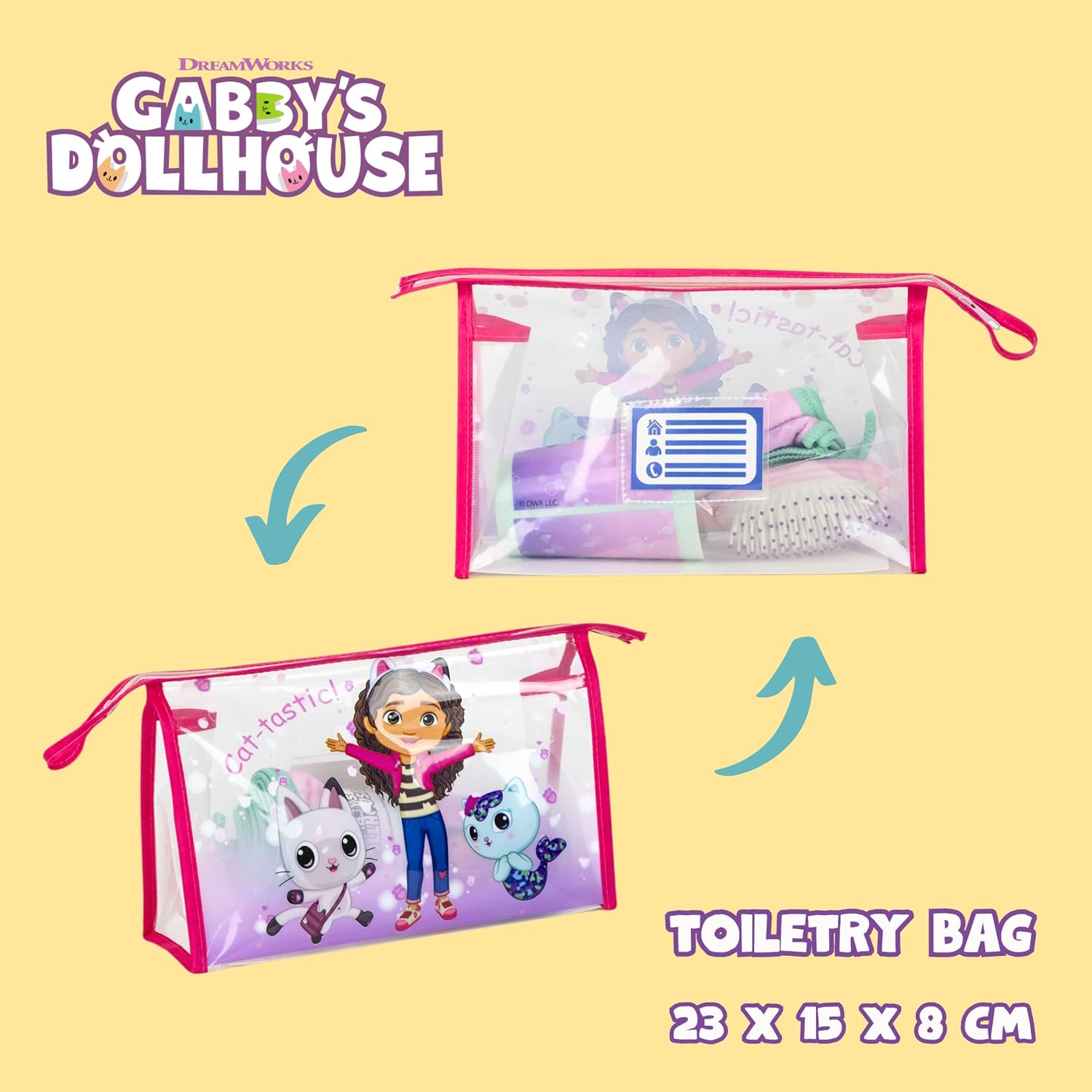 Gabby's Doll House Trousse de Toilette pour Filles, Comprend Verre, Brosse à Cheveux, Serviette et Trousse de Toilette pour Enfants Pandy Paws Gabby et Mercat Design