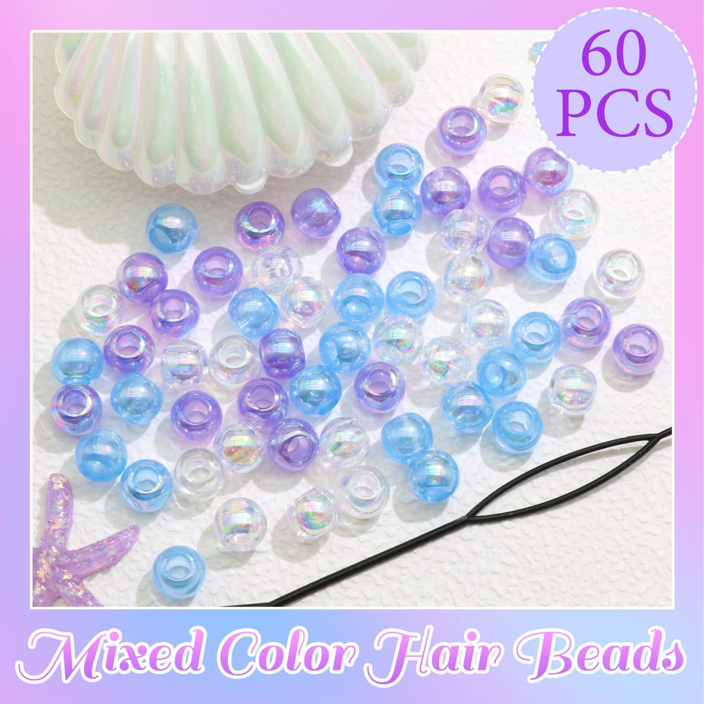 60PCS Perles à Tresser AB Pour Enfants Filles Perles Rondes en Acrylique Bleu Violet Transparent avec Aide à L'Enfilage