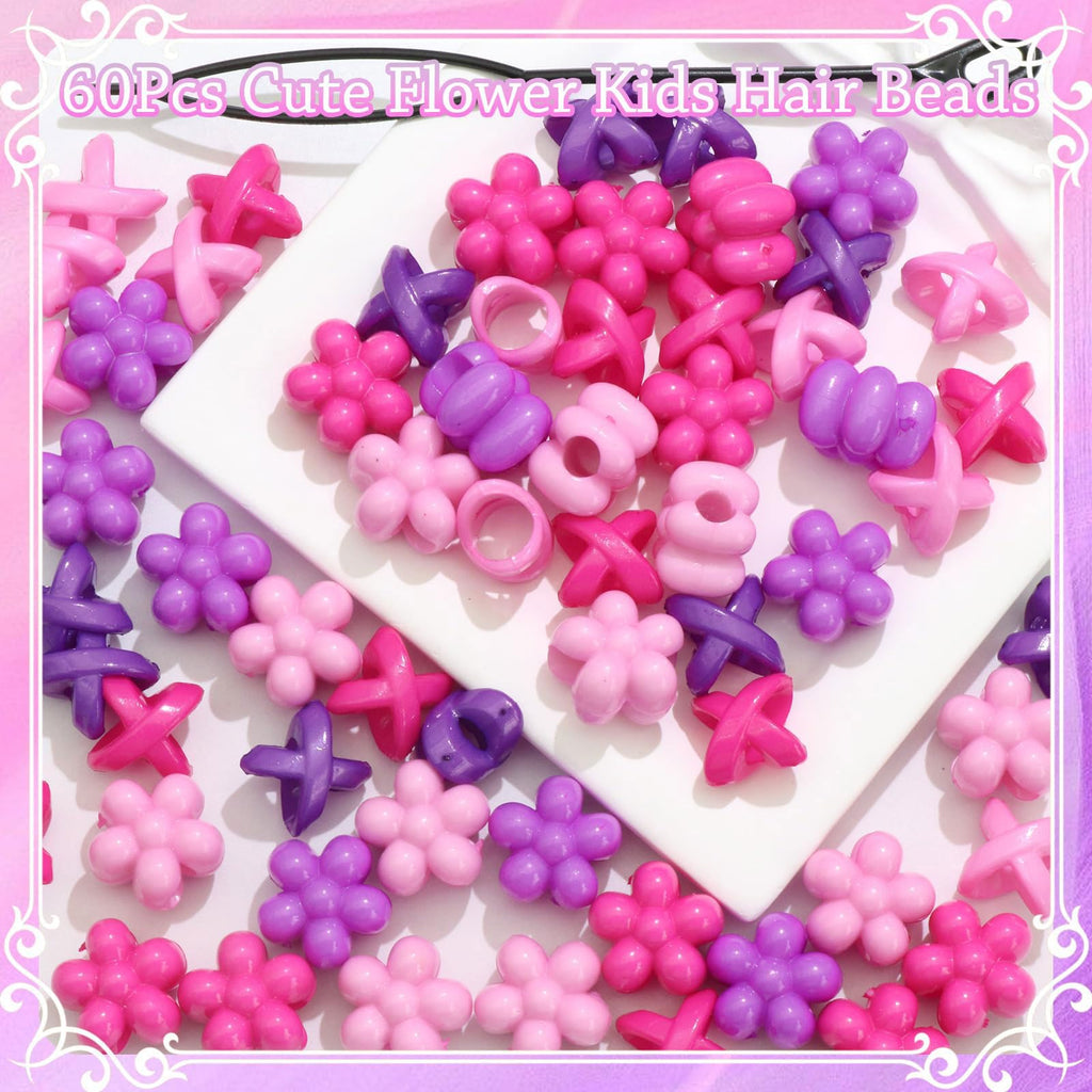 60 perles à cheveux fleuries pour enfants filles, perles à tresses multicolores, mélange de violet, rose et rose clair avec aide à l'enfilage