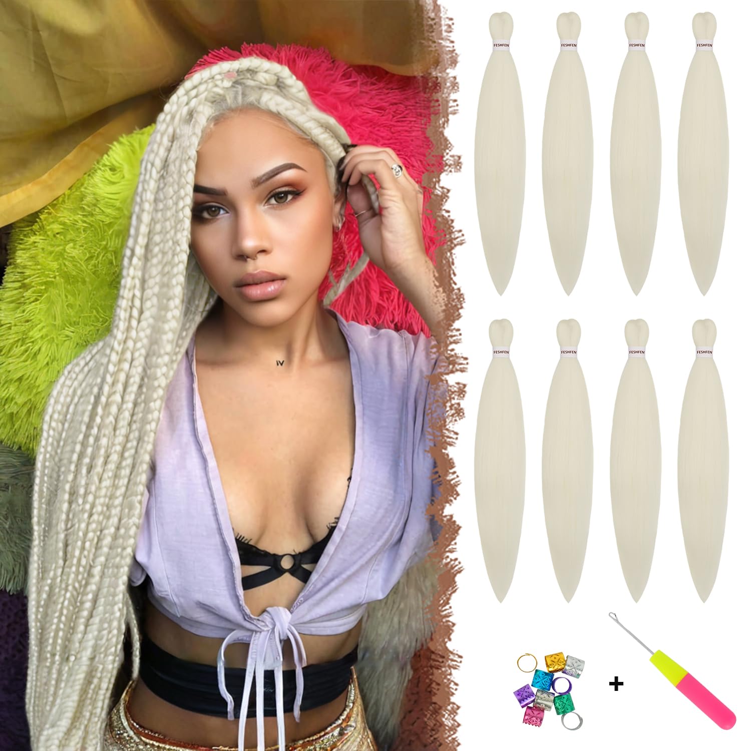 FESHFEN Meches pour Tresses Africaine Rajout Cheveux Tresses Pré étiré Tressage Braiding Hair Synthétiques Yaki 8 Packs Hair Braids Extensions de cheveux pour Femme 65cm Noir cassé à Auburn clair