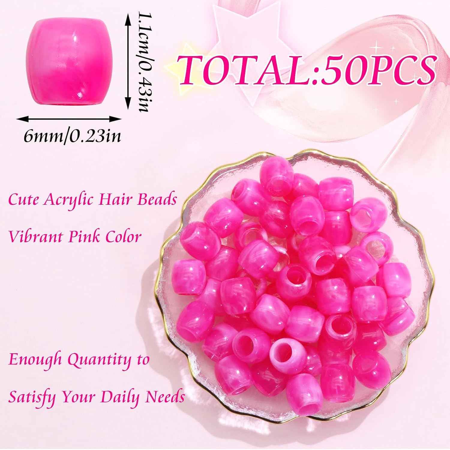 50PCS Perles à Cheveux Transparentes pour Tresses, Grosses Perles en Acrylique, Accessoires pour Dreadlocks, Bijoux pour Cheveux pour Enfants Filles avec Aide à