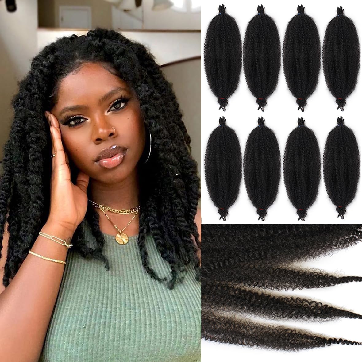Leeven 16 Pouces Pre Separated Springy Twist Hair 8 Packs Pre-Fluffed Popping Crochet for Distressed Locs Afro Kinky Curly Marley Braiding Hair Extensions /1B#
