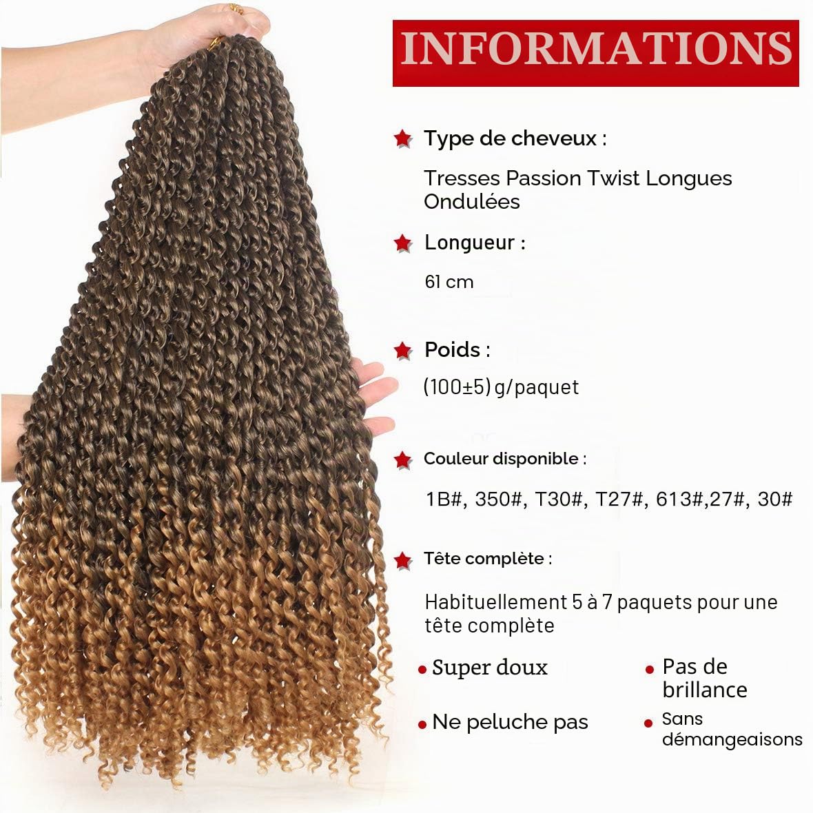 Xtrend Lot de 7 paquets d’extensions de cheveux Passion Twist - 18 mèches par paquet - 30,5 cm - Cheveux tressés au crochet