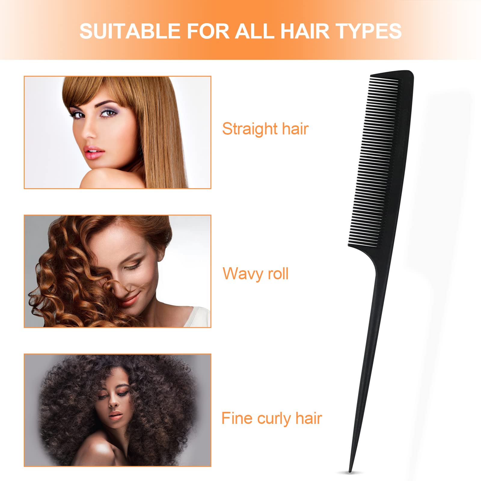 Sularpek 3 PCS Peigne à Queue Antistatique en Fibre de Carbone, Coiffant, de Séparation, à Queue de Rat pour Cheveux de Salon - Femmes et Hommes