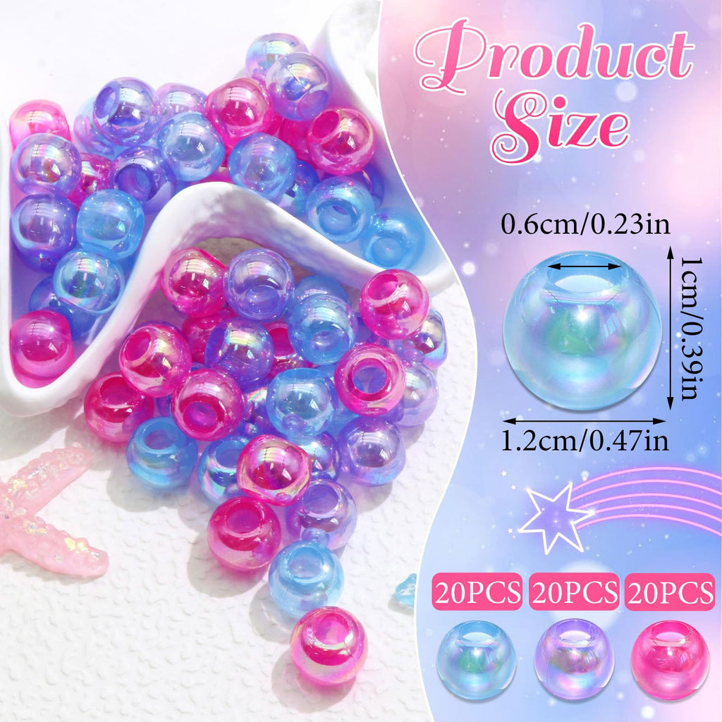 60PCS Perles à Tresser AB Pour Enfants Filles Perles Rondes en Acrylique Bleu Violet Transparent avec Aide à L'Enfilage
