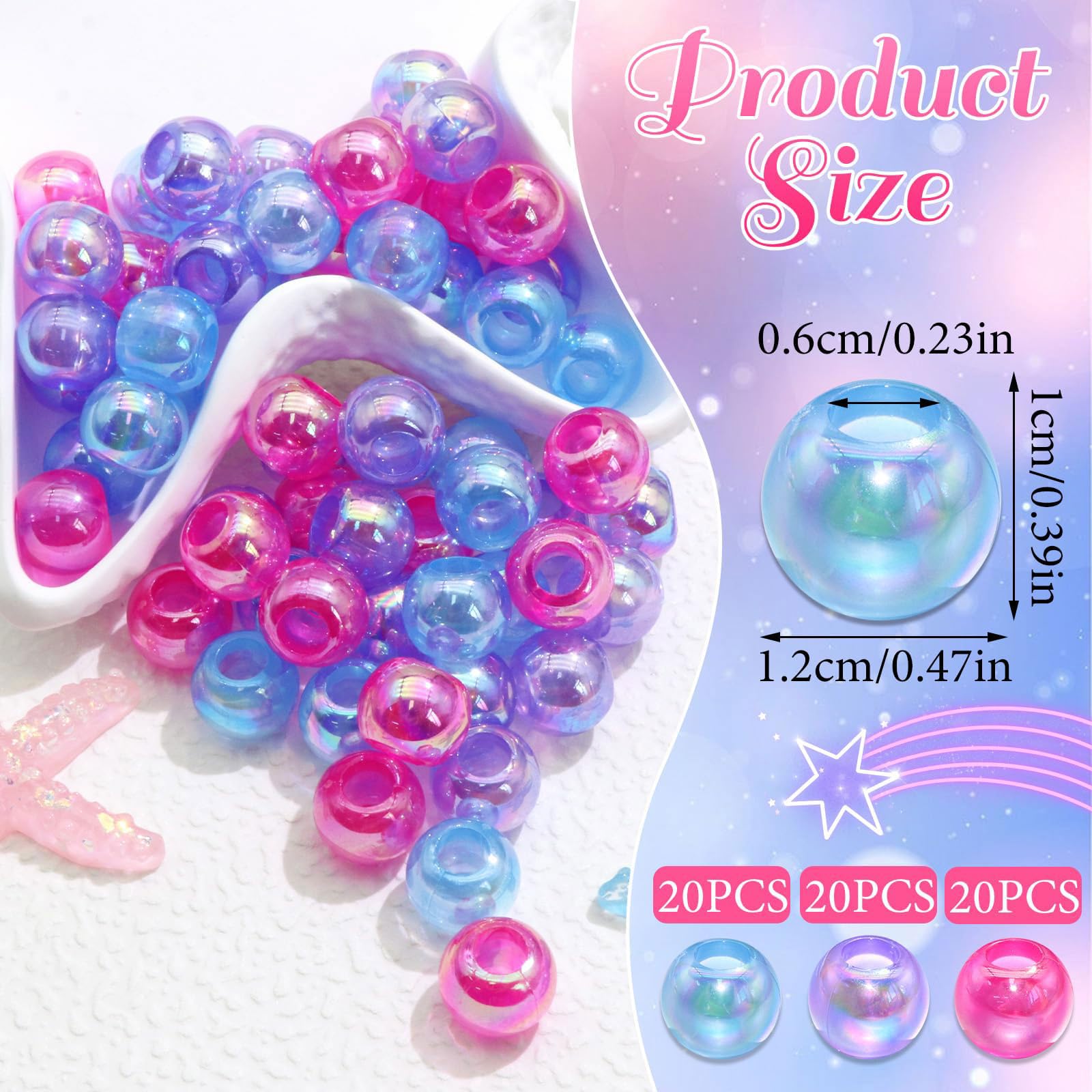 60PCS Perles à Tresser AB Pour Enfants Filles Perles Rondes en Acrylique Bleu Violet Transparent avec Aide à L'Enfilage