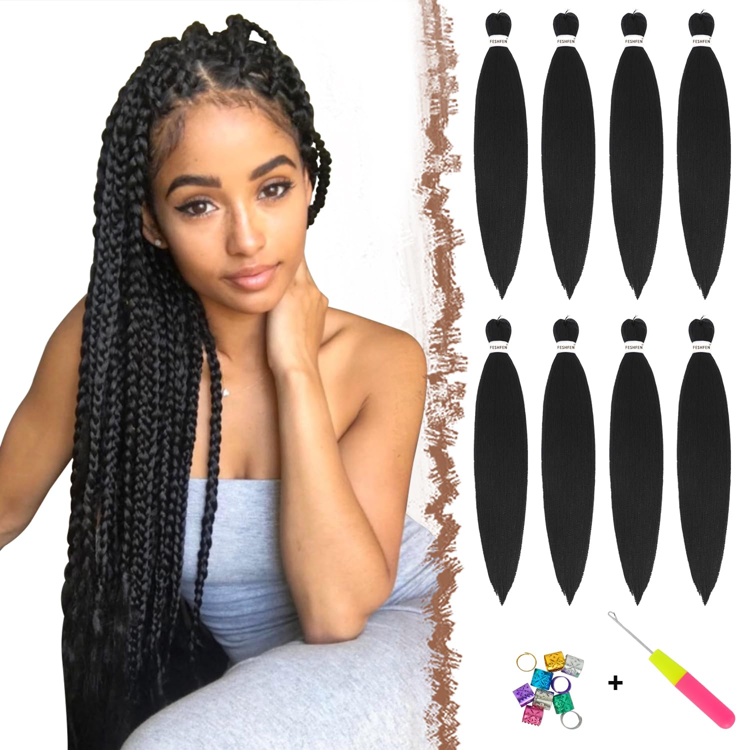 FESHFEN Meches pour Tresses Africaine Rajout Cheveux Tresses Pré étiré Tressage Braiding Hair Synthétiques Yaki 8 Packs Hair Braids Extensions de cheveux pour Femme 65cm Noir cassé à Auburn clair