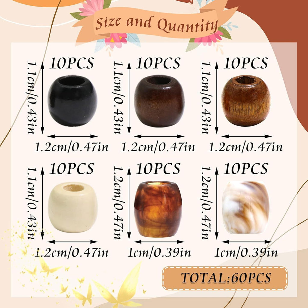 Auroriel 60 pièces perles à cheveux en bois multi-style pour tresses, dreadlocks, clips à tresses, DIY accessoires pour cheveux avec aide à l'enfilage