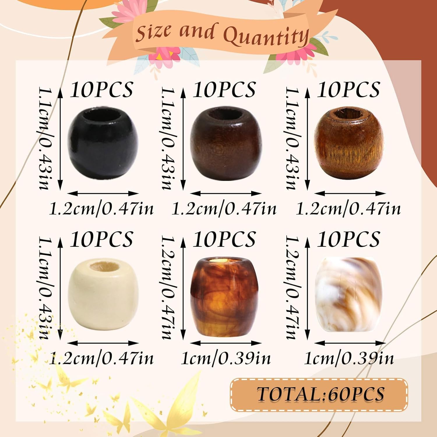 Auroriel 60 pièces perles à cheveux en bois multi-style pour tresses, dreadlocks, clips à tresses, DIY accessoires pour cheveux avec aide à l'enfilage