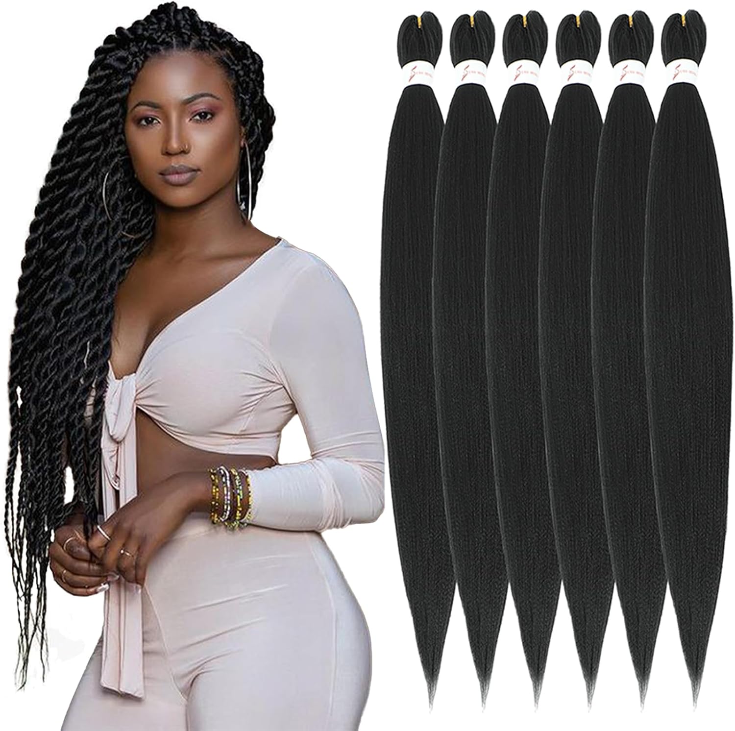 Rajout Cheveux Tressés Pré-étirés Noir Naturelles Black 30 Pouces Long Kanekalon Easy Braids Meches Cheveux pour Tresses Africaine 6 Paquets Knotless Yaki Nattes Extensions de Cheveux(1B#)