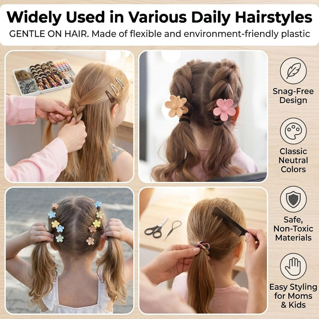 835 PCS Haargummis Mädchen – Mini élastiques & petits élastiques ensemble avec pinces à cheveux & outils de coiffure couleurs neutres