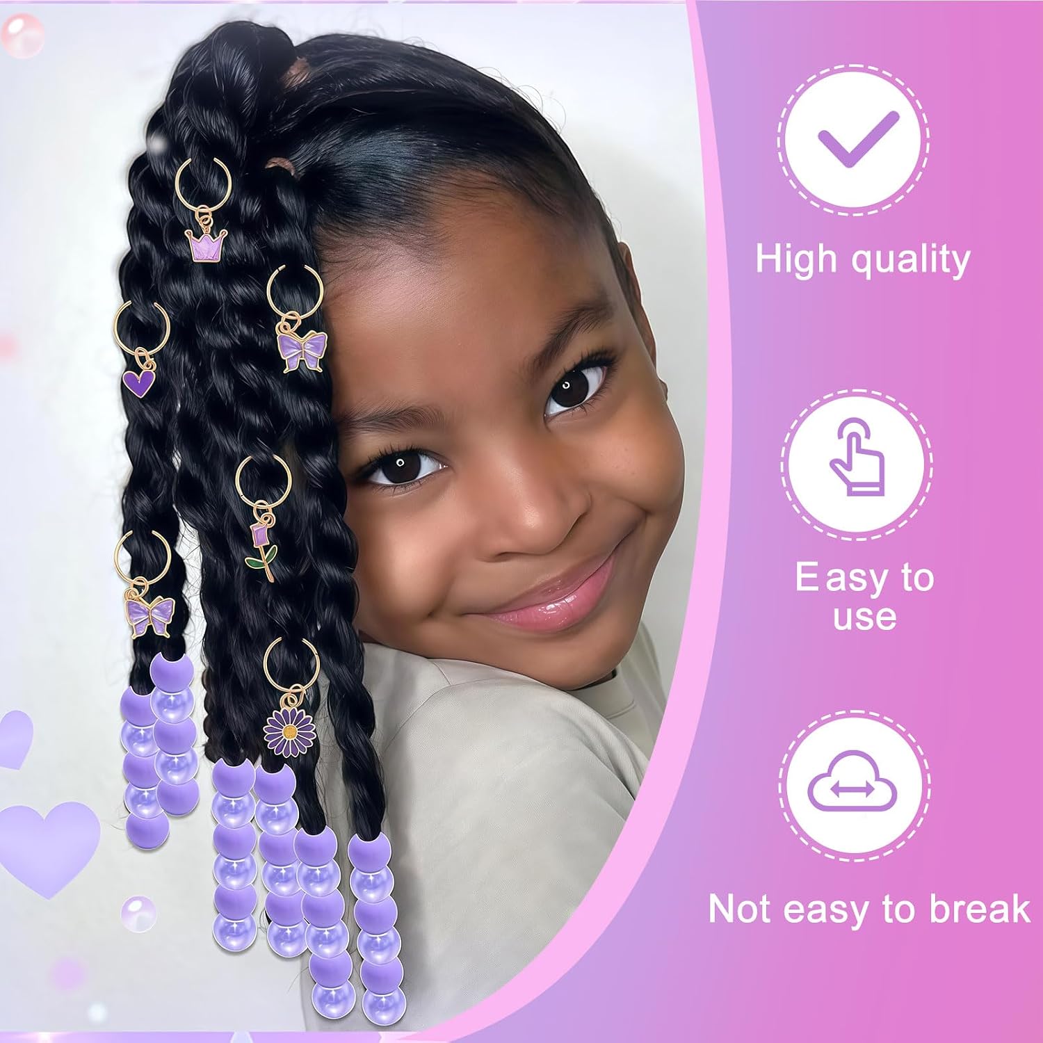 50 pièces de perles violettes pour tresses et dreadlocks – Ensemble d'accessoires de cheveux avec clips fleurs, cœur et couronne – Perles colorées pour filles et femmes – Accessoires de