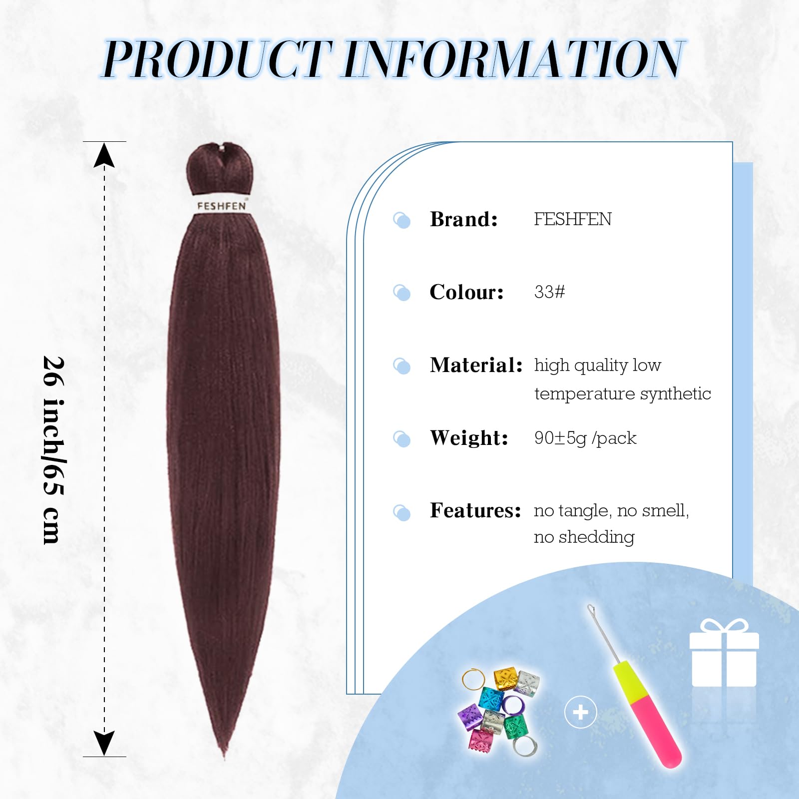 FESHFEN Meches pour Tresses Africaine Rajout Cheveux Tresses Pré étiré Tressage Braiding Hair Synthétiques Yaki 8 Packs Hair Braids Extensions de cheveux pour Femme 65cm Noir cassé à Auburn clair