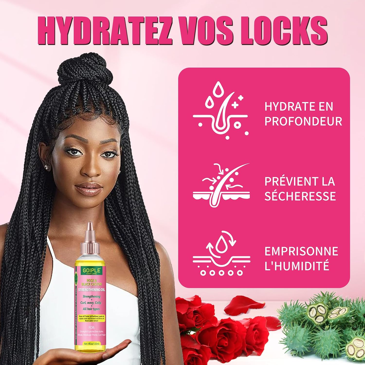 Edge Control Wax for Femmes Forte Tenue -Cire Cheveux Gel pour Cheveux Noirs - Huile Capillaire à la Rose & Ricin pour la Pousse des Cheveux Huile Capillaire Fortifiante Ensemble