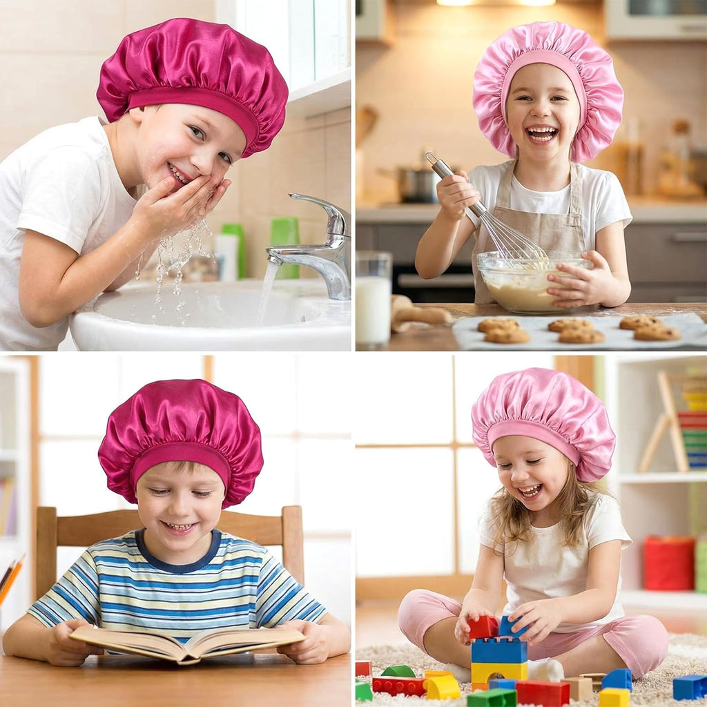 Lot de 2 bonnets en satin de soie pour le sommeil des enfants, à large bande élastique pour cheveux bouclés naturels, bonnet de couchage pour nourrissons, adolescents, tout-petits, garçons et