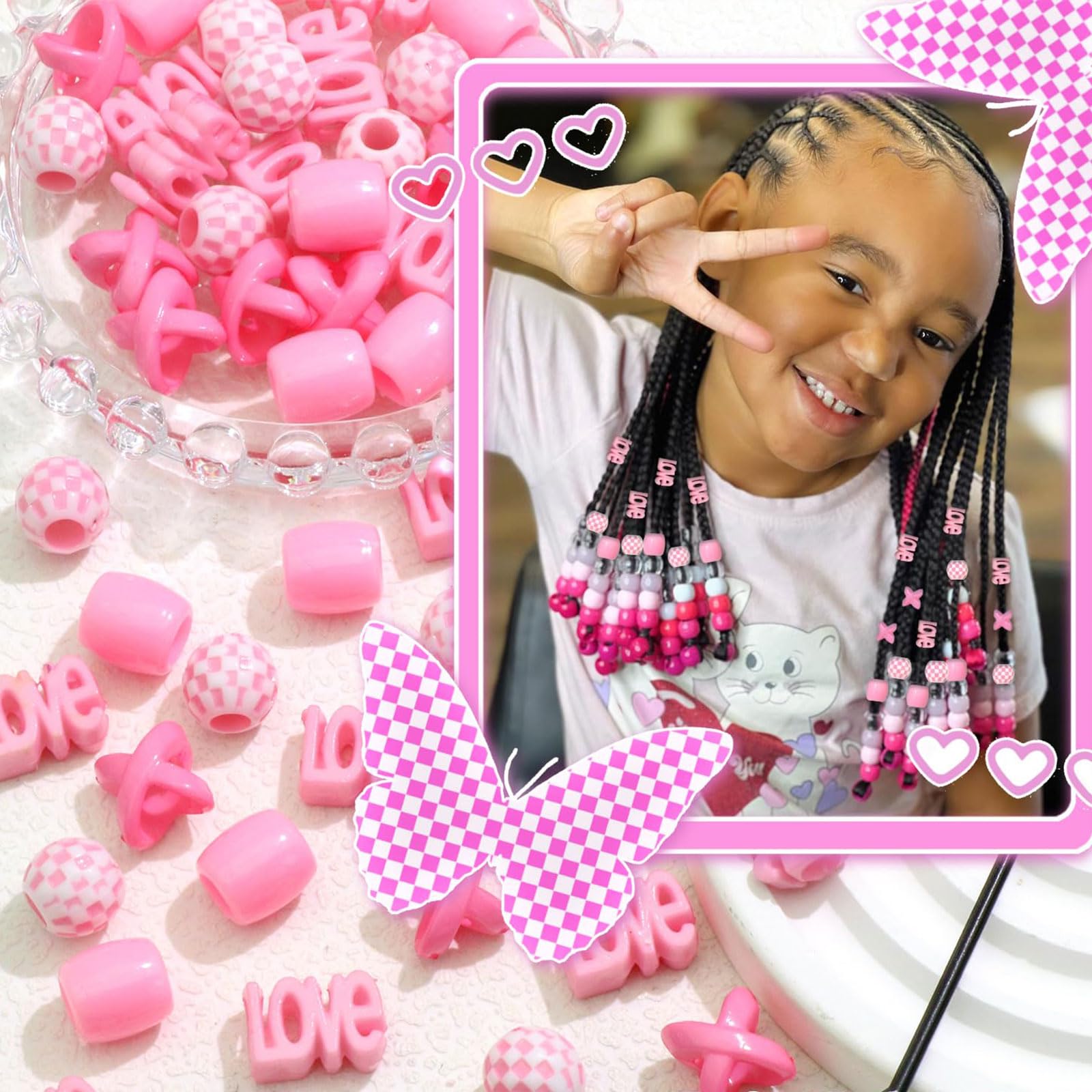 60 perles à cheveux pour enfants filles perles de tresse multicolores rouge X-ronde-LOVE-forme mixte avec aide à l'enfilage