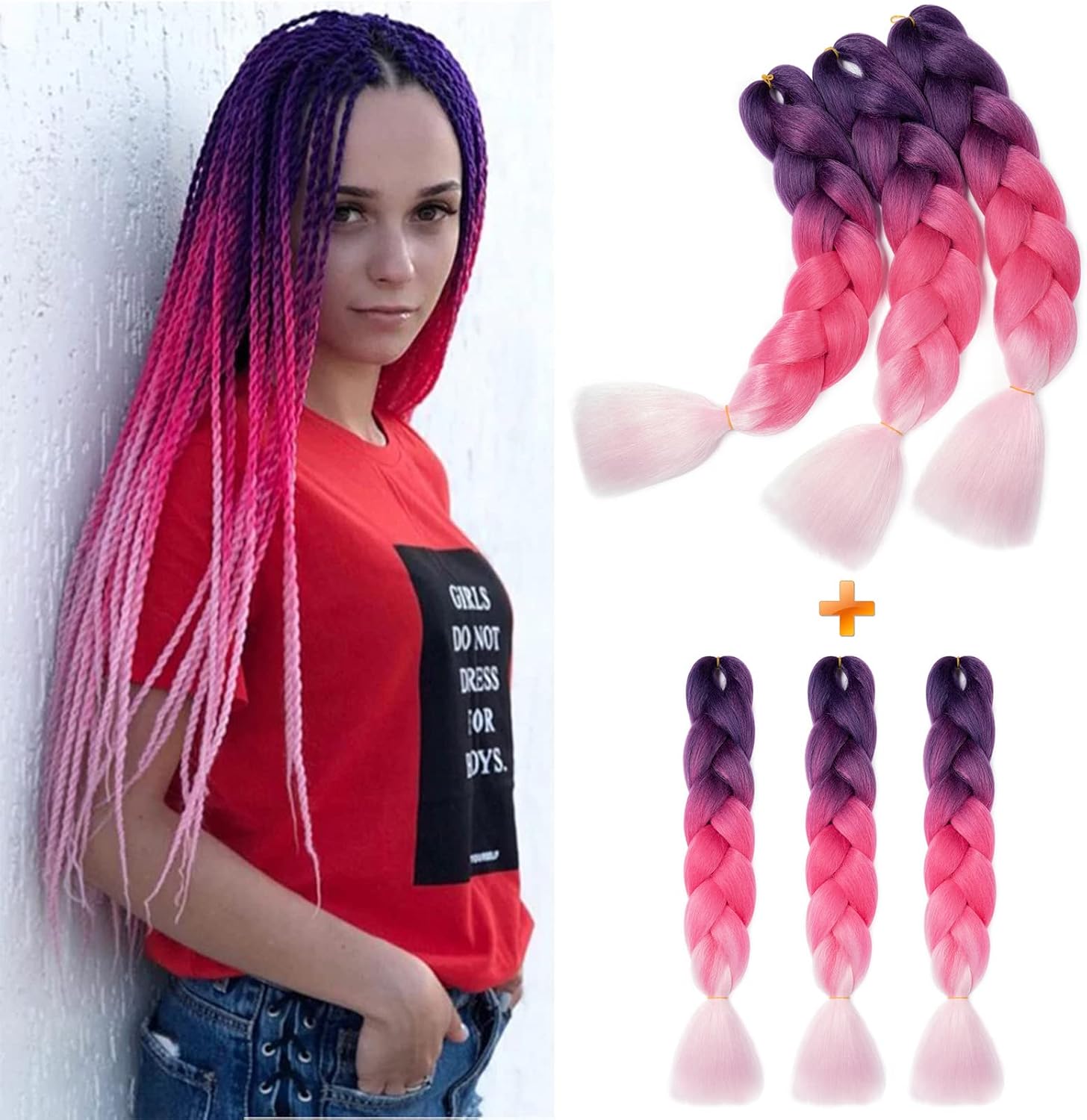 24" Meches pour Tresses Africaine Braids Meches Tresse Cheveux Rajout Cheveux Tressage 1 Paquet Crochet Braids Extension de Cheveux Afro pour Tresse Ombre Synthétiques (Rose)