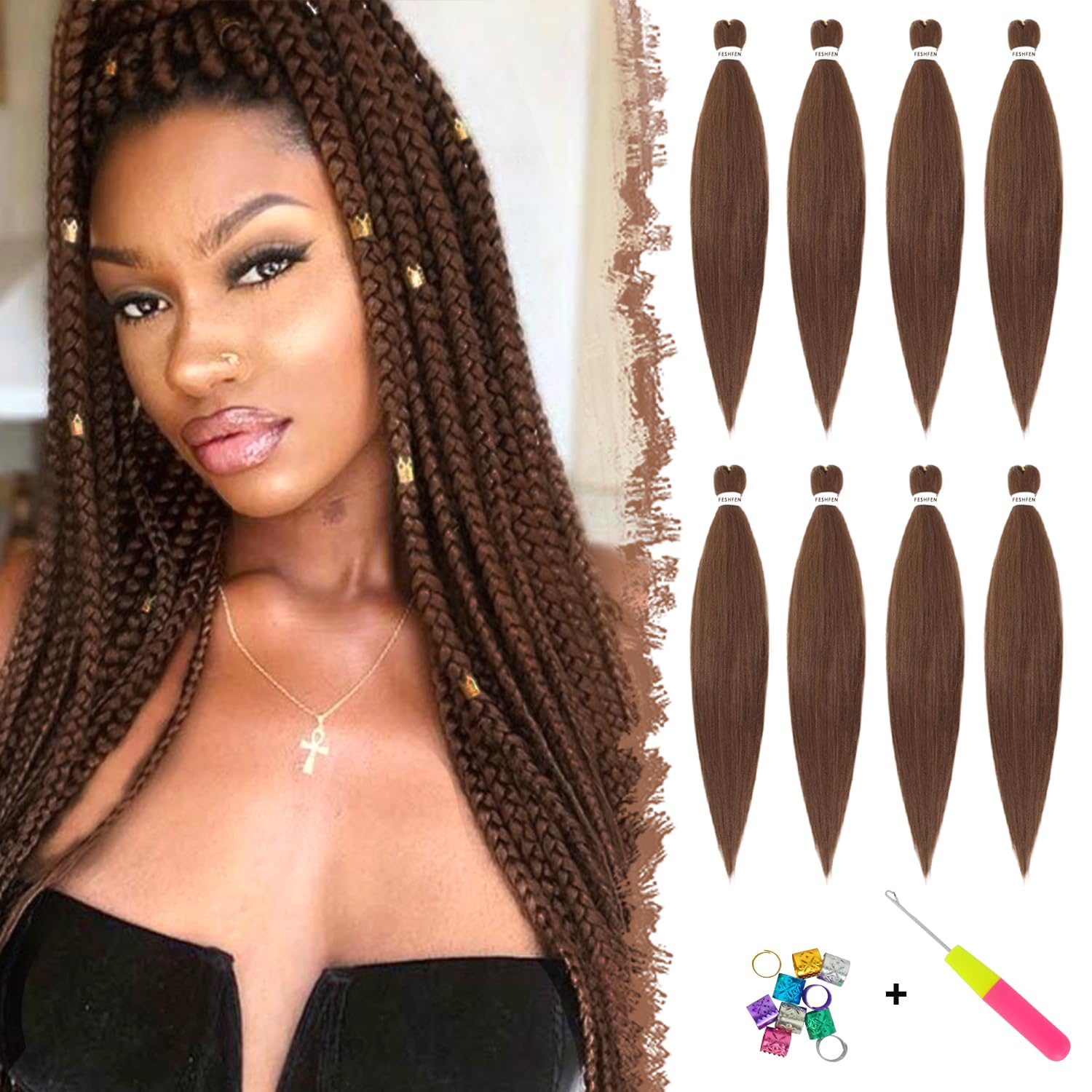 FESHFEN Meches pour Tresses Africaine Rajout Cheveux Tresses Pré étiré Tressage Braiding Hair Synthétiques Yaki 8 Packs Hair Braids Extensions de cheveux pour Femme 65cm Noir cassé à Auburn clair