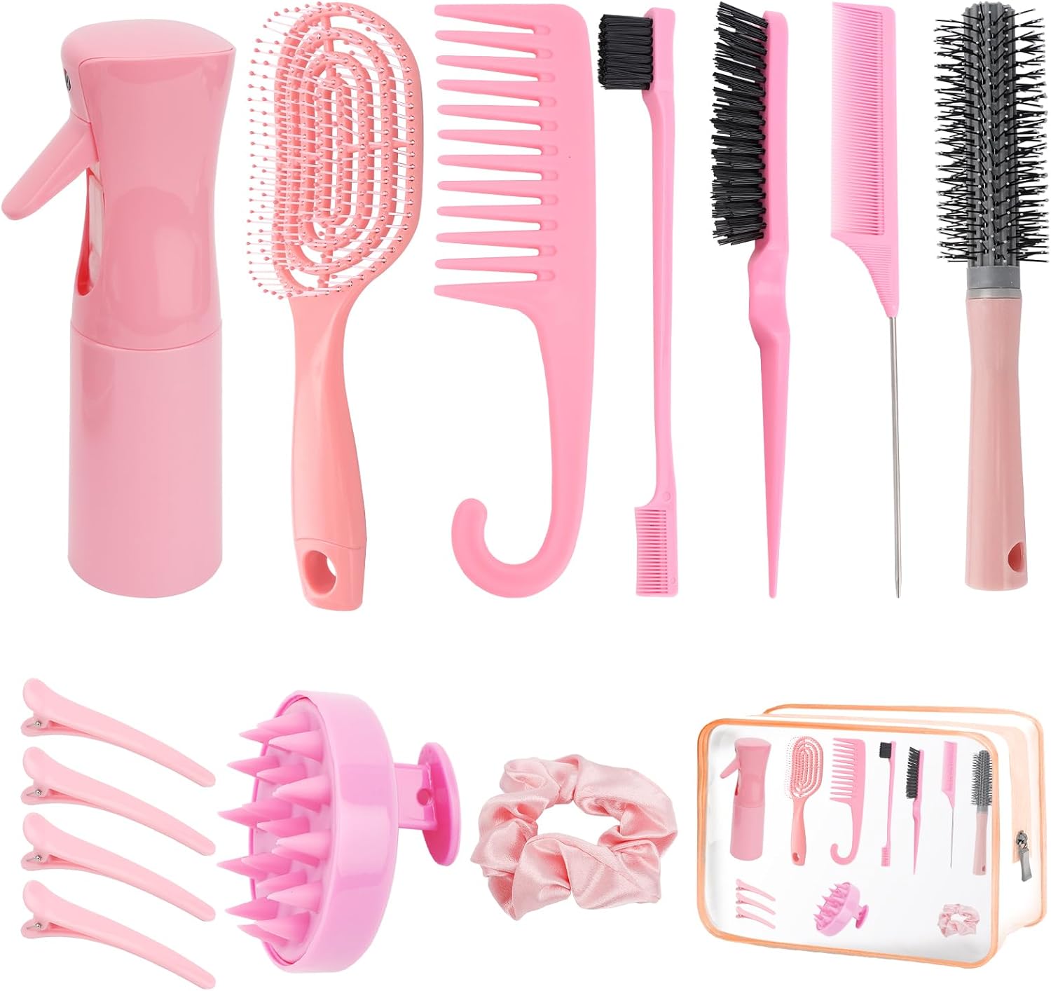 Ensemble de 14 brosses à Cheveux Comprenant Une Trousse de Maquillage Transparente,Un Flacon pulvérisateur, Une Brosse à Cheveux,Une Brosse pour Le Cuir chevelu et des épingles à Cheveux