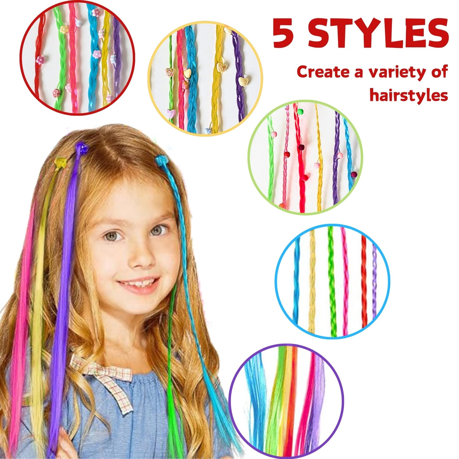 42 Pièces Extensions de Cheveux Couleur avec Clips Cheveux, Kit de Tressage de Cheveux pour Filles et Enfants, Set Accessoires de Coiffure, Rajout Cheveux Tresses pour Fêtes (Série A)