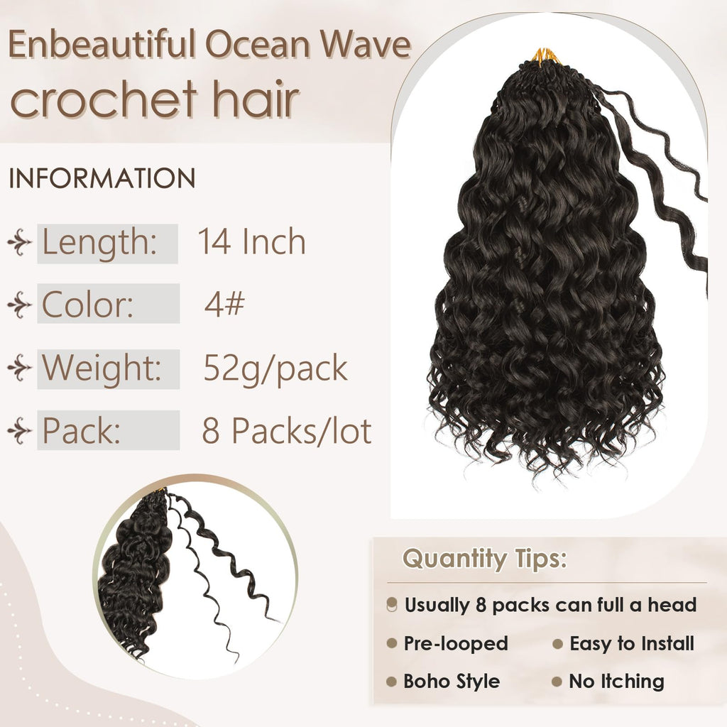 Enbeautiful 14 Inch 8 Packs Pre-Looped Ocean Wave Crochet Hair Pre-Twisted Deep Water Beach Curly Braiding Hair Synthetic Boho Wavy Curly Hair Extensions for Women（14 Inch,TBug）