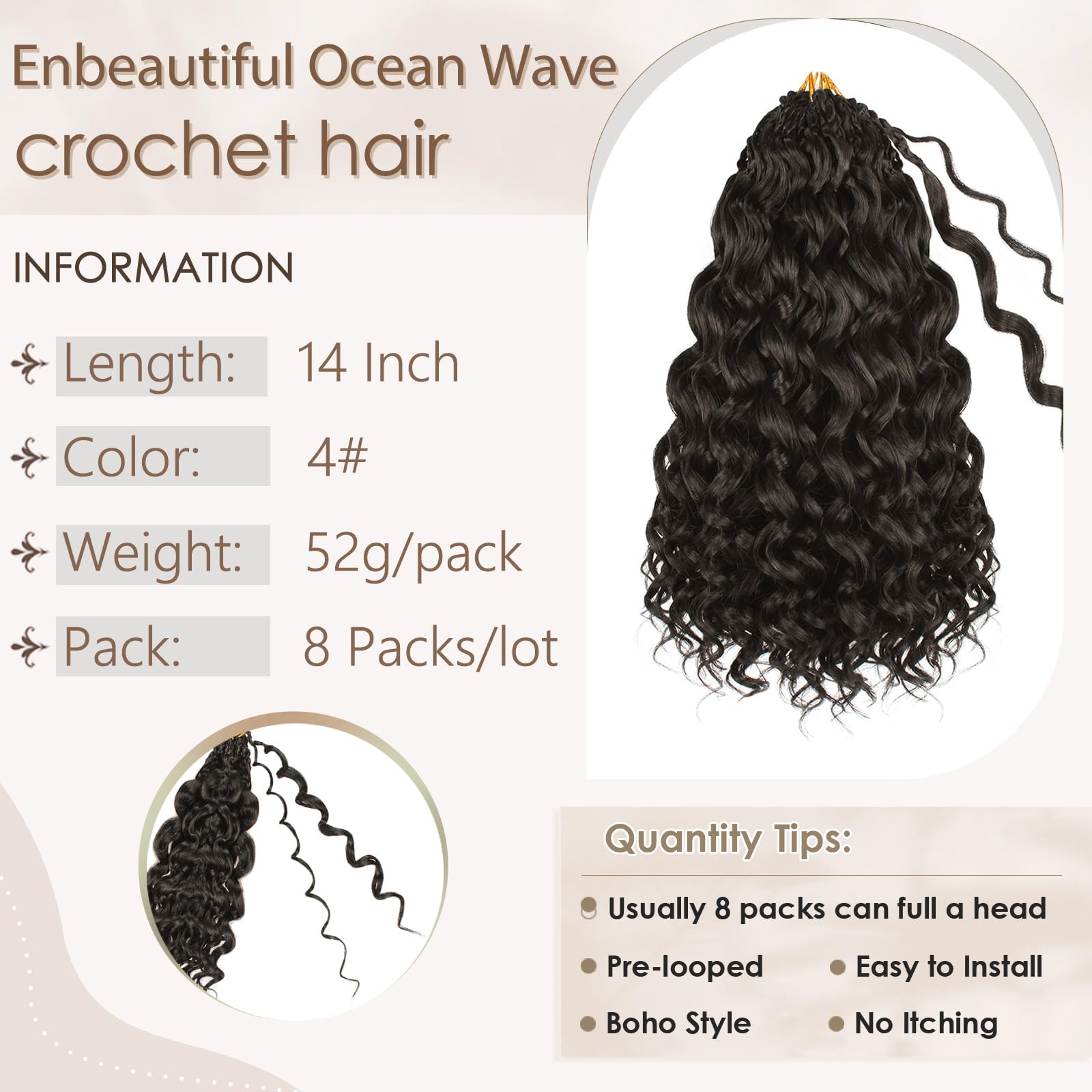 Enbeautiful 14 Inch 8 Packs Pre-Looped Ocean Wave Crochet Hair Pre-Twisted Deep Water Beach Curly Braiding Hair Synthetic Boho Wavy Curly Hair Extensions for Women（14 Inch,TBug）