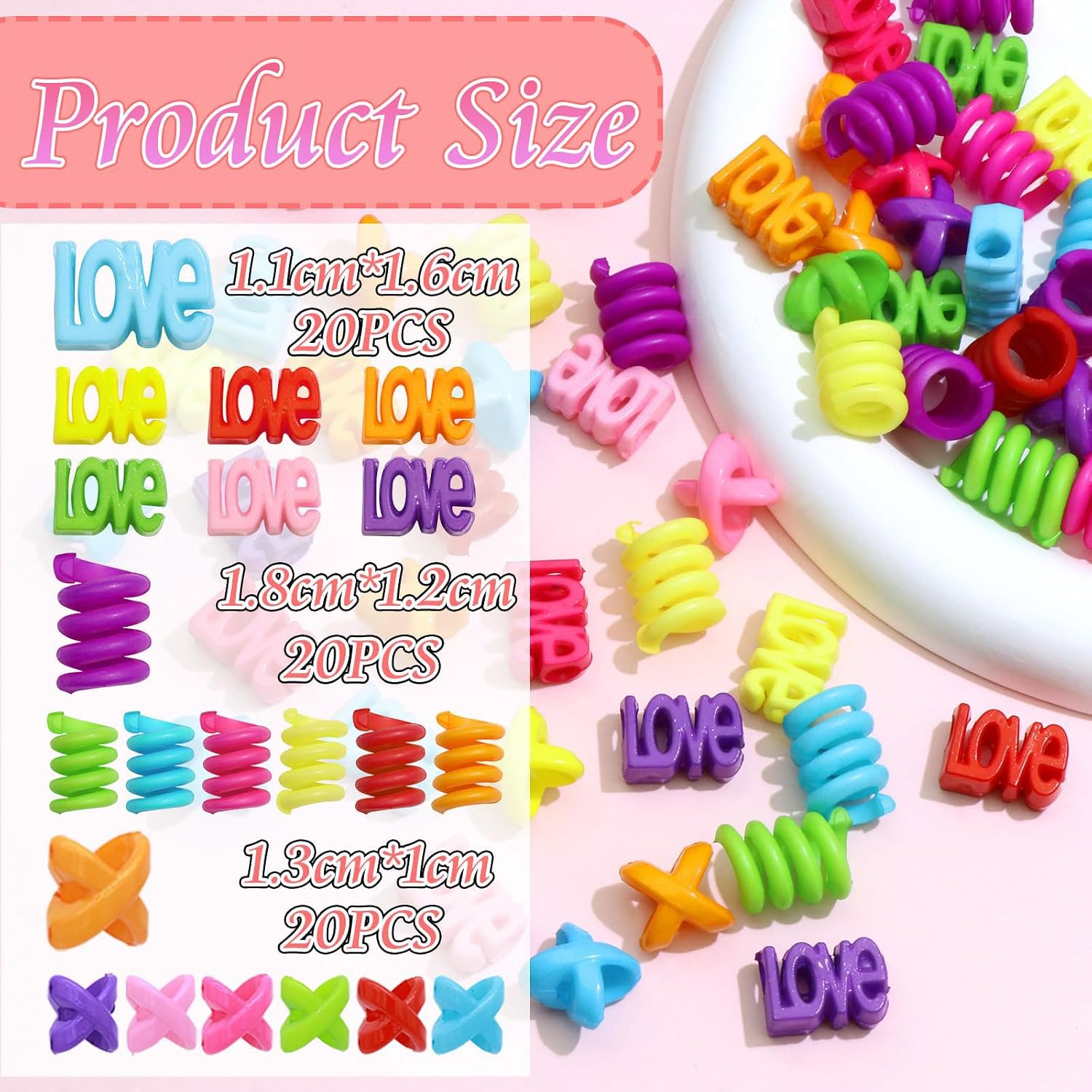 60 pièces perles à cheveux multicolores pour filles enfants tresses dreadlocks multi-formes LOVE spirale X avec aide à l'enfilage