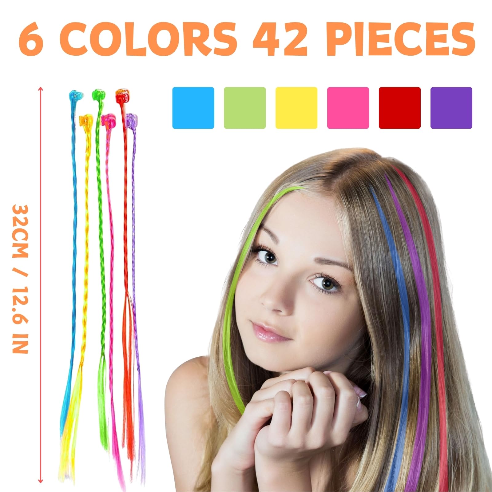 42 Pièces Extensions de Cheveux Couleur avec Clips Cheveux, Kit de Tressage de Cheveux pour Filles et Enfants, Set Accessoires de Coiffure, Rajout Cheveux Tresses pour Fêtes (Série A)