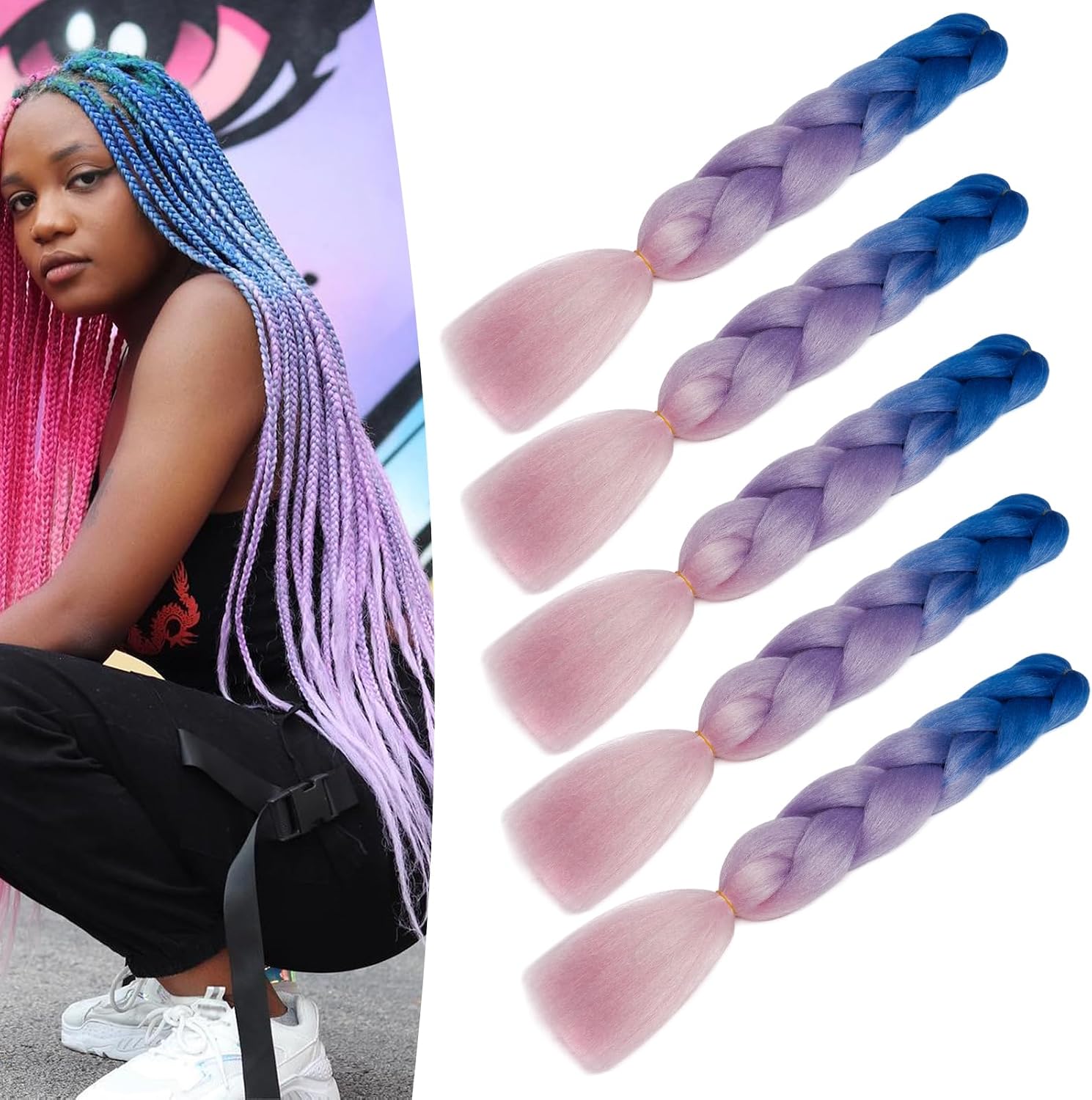 Meches pour Tresses Africaine Rajout Cheveux Braids Jumbo Extension Cheveux Ombre Synthétique Violet & Bleu & Jaune & Orange