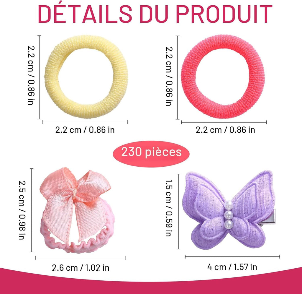 Ensemble d'accessoires pour cheveux pour filles, 230 pièces, barrettes à cheveux papillon et élastiques Rose et multicolore