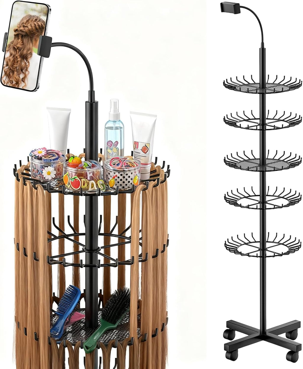 JAOGAUS Support de Perruque, Porte Perruques avec Support pour Téléphone, Réglable en Hauteur avec 140 Pinces pour le Rangement des Perruques, Extension de Cheveux