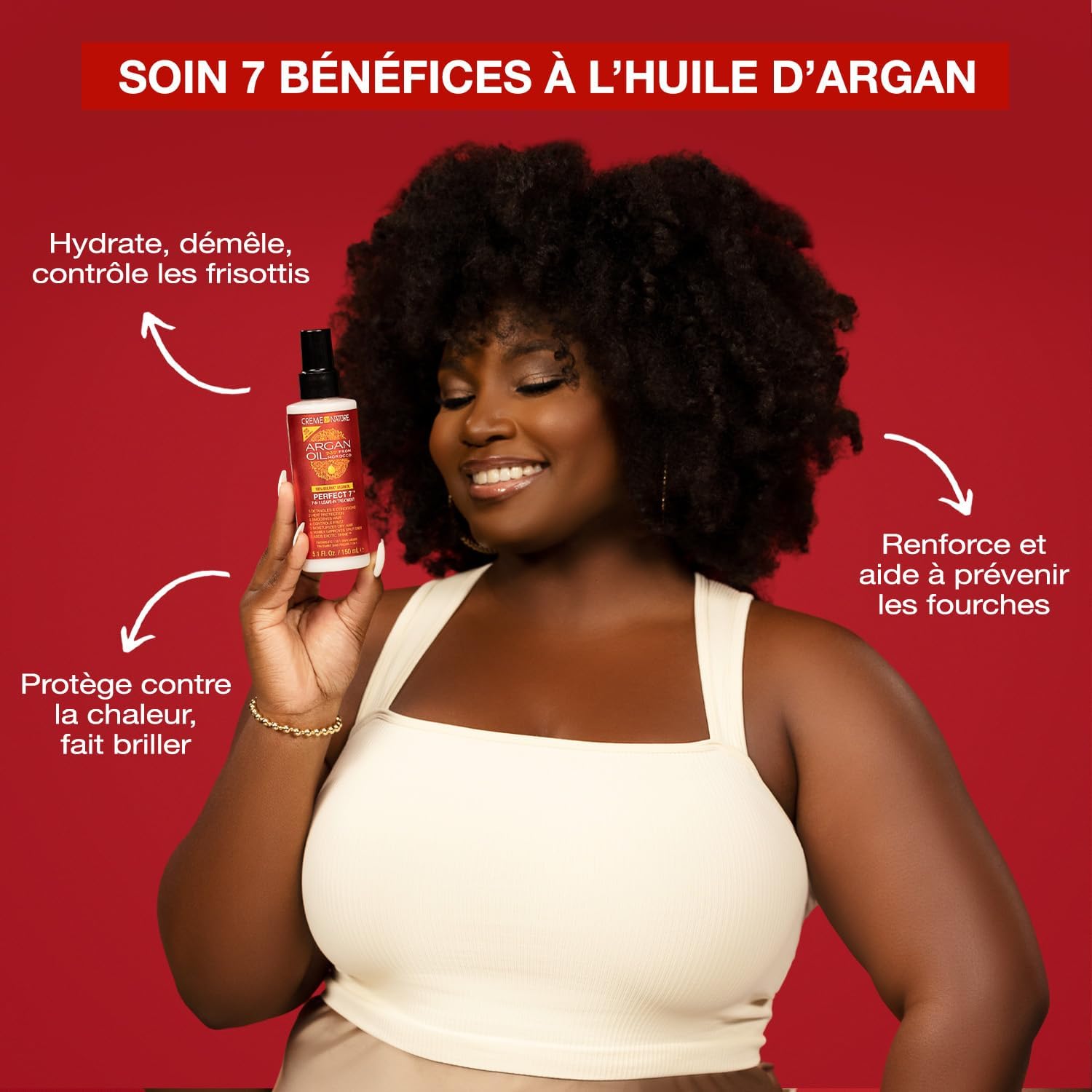 Creme of Nature - Argan Oil - Soin Perfect 7 - Spray Cheveux 7 bénéfices en 1 produit - Soin des Cheveux Bouclés Frisés et Crépus à l’Huile d’Argan du Maroc - Sans Rinçage - Flacon de 150ml