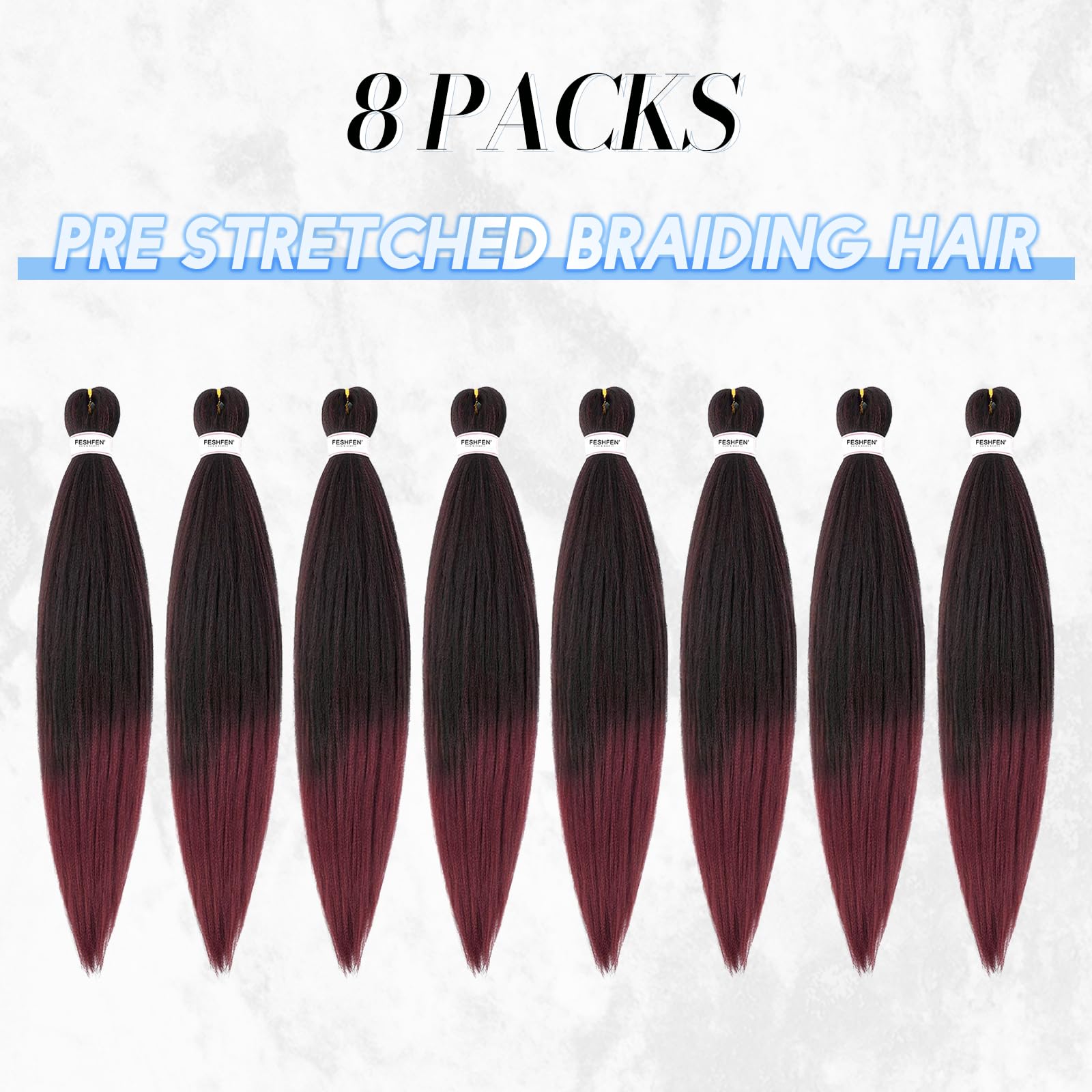 FESHFEN Meches pour Tresses Africaine Rajout Cheveux Tresses Pré étiré Tressage Braiding Hair Synthétiques Yaki 8 Packs Hair Braids Extensions de cheveux pour Femme 65cm Noir cassé à Auburn clair