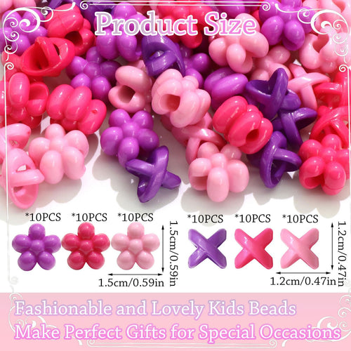 60 perles à cheveux fleuries pour enfants filles, perles à tresses multicolores, mélange de violet, rose et rose clair avec aide à l'enfilage