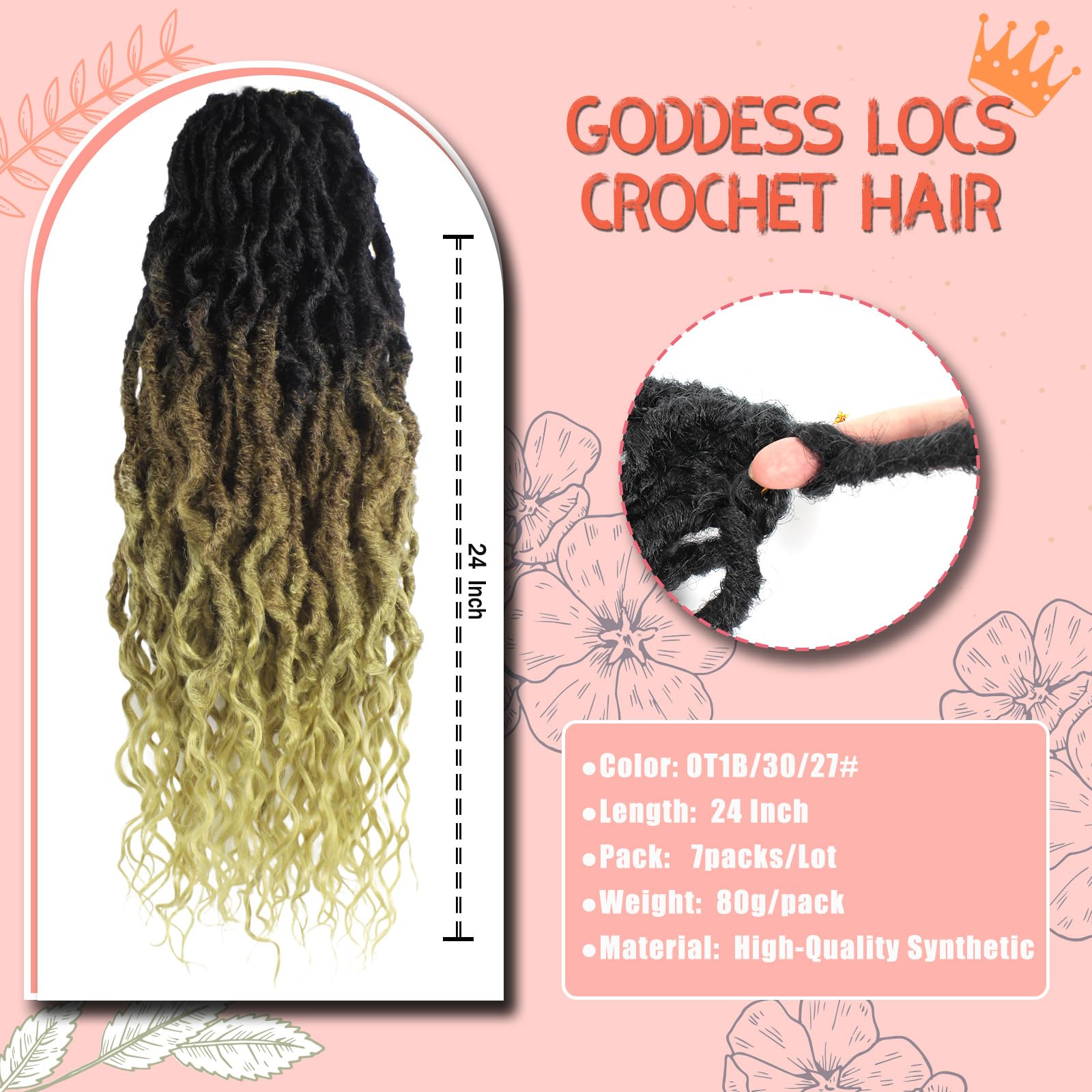 Faux Locs Crochet Hair 24Inch 7 Packs Pre-Looped Ombre Soft Locs With Curly Ends Dreadlock Goddess Loc Crochet Hair for Women（24Inch，OT1B/30/27#）