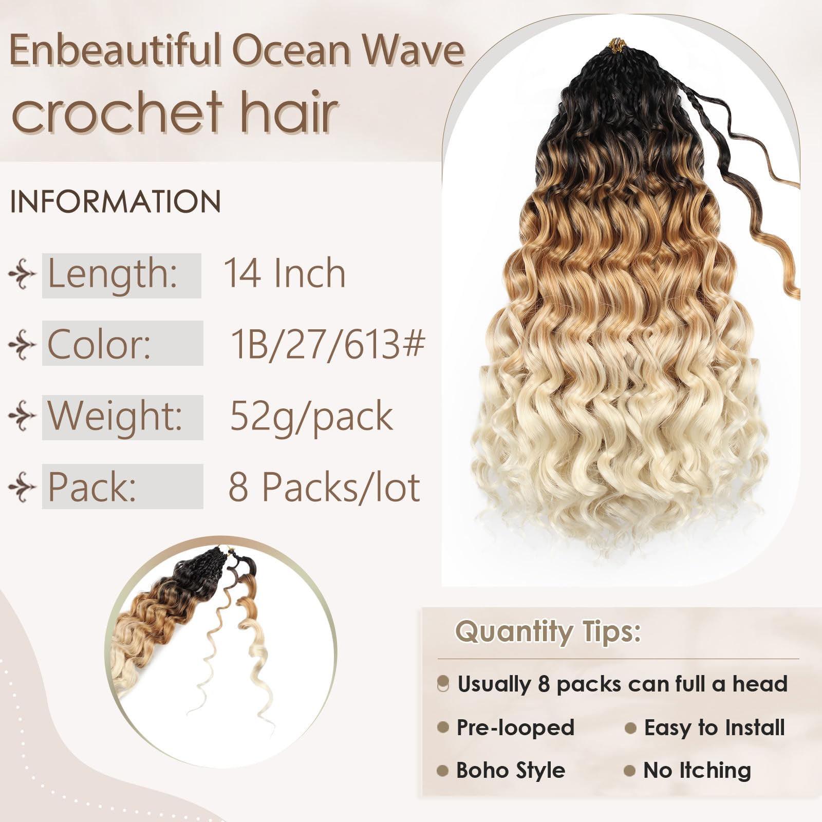 Enbeautiful 14 Inch 8 Packs Pre-Looped Ocean Wave Crochet Hair Pre-Twisted Deep Water Beach Curly Braiding Hair Synthetic Boho Wavy Curly Hair Extensions for Women（14 Inch,TBug）