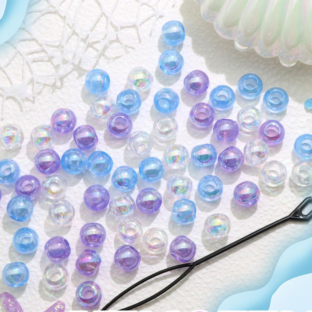 60PCS Perles à Tresser AB Pour Enfants Filles Perles Rondes en Acrylique Bleu Violet Transparent avec Aide à L'Enfilage