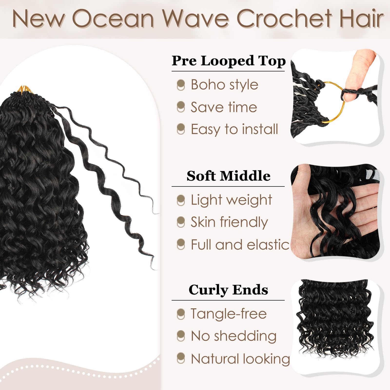 Enbeautiful 14 Inch 8 Packs Pre-Looped Ocean Wave Crochet Hair Pre-Twisted Deep Water Beach Curly Braiding Hair Synthetic Boho Wavy Curly Hair Extensions for Women（14 Inch,TBug）