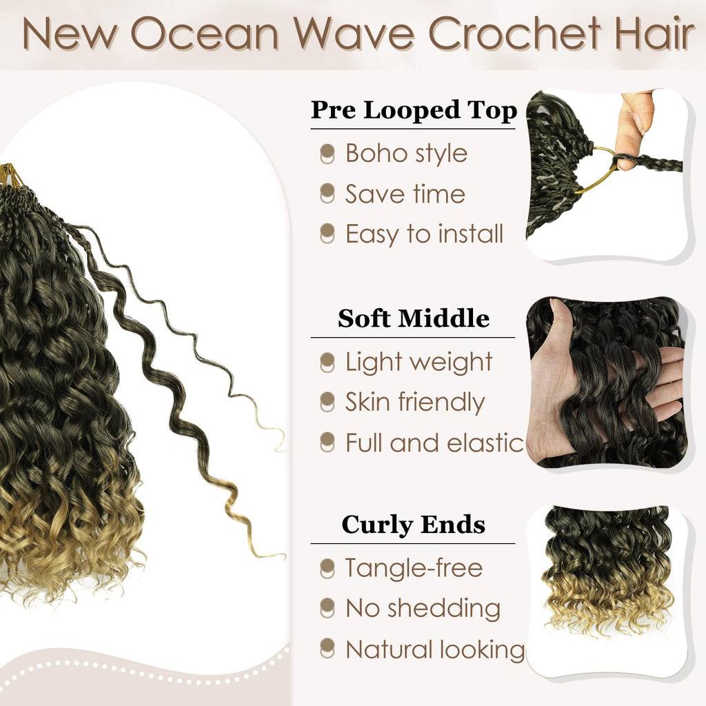 Enbeautiful 14 Inch 8 Packs Pre-Looped Ocean Wave Crochet Hair Pre-Twisted Deep Water Beach Curly Braiding Hair Synthetic Boho Wavy Curly Hair Extensions for Women（14 Inch,TBug）