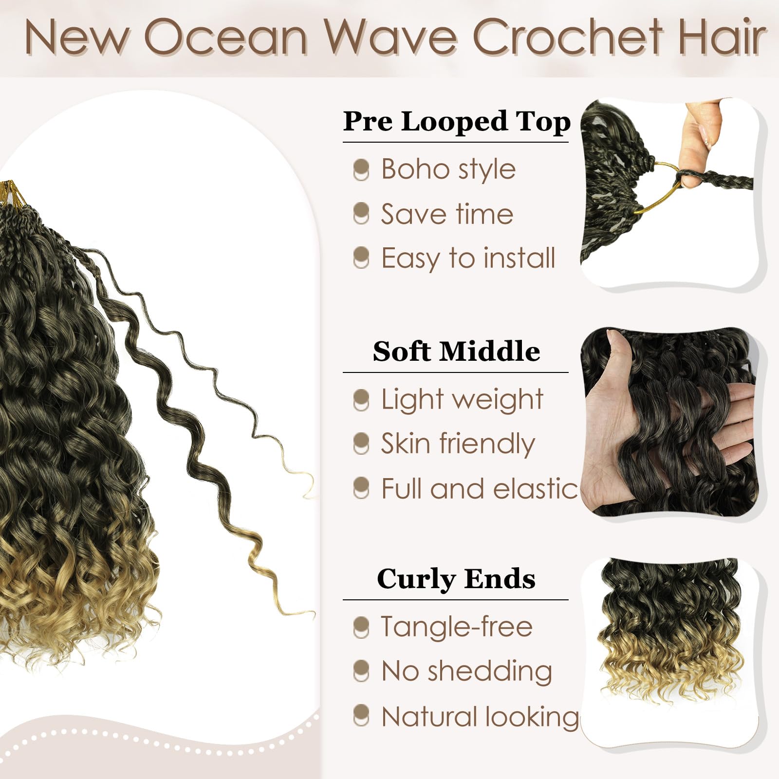Enbeautiful 14 Inch 8 Packs Pre-Looped Ocean Wave Crochet Hair Pre-Twisted Deep Water Beach Curly Braiding Hair Synthetic Boho Wavy Curly Hair Extensions for Women（14 Inch,TBug）