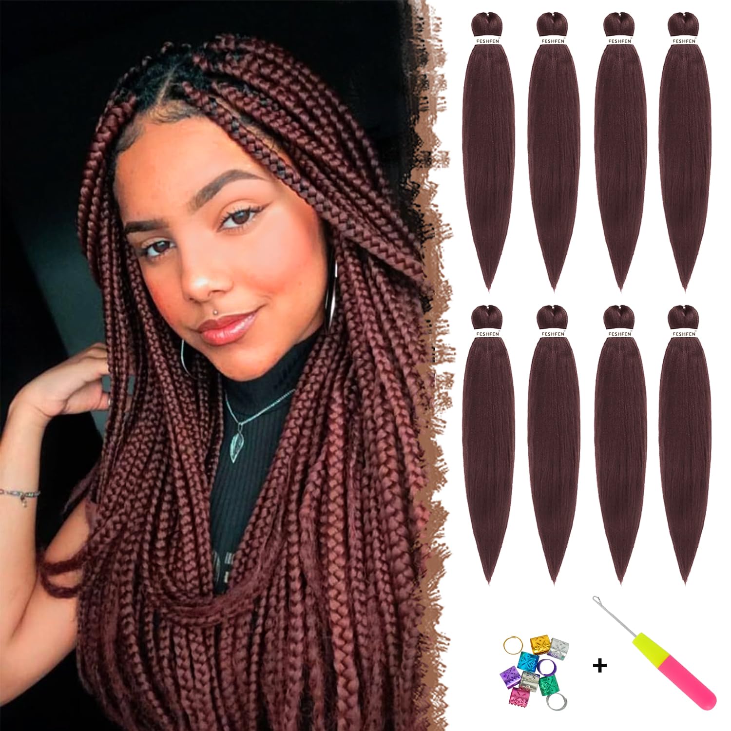 FESHFEN Meches pour Tresses Africaine Rajout Cheveux Tresses Pré étiré Tressage Braiding Hair Synthétiques Yaki 8 Packs Hair Braids Extensions de cheveux pour Femme 65cm Noir cassé à Auburn clair