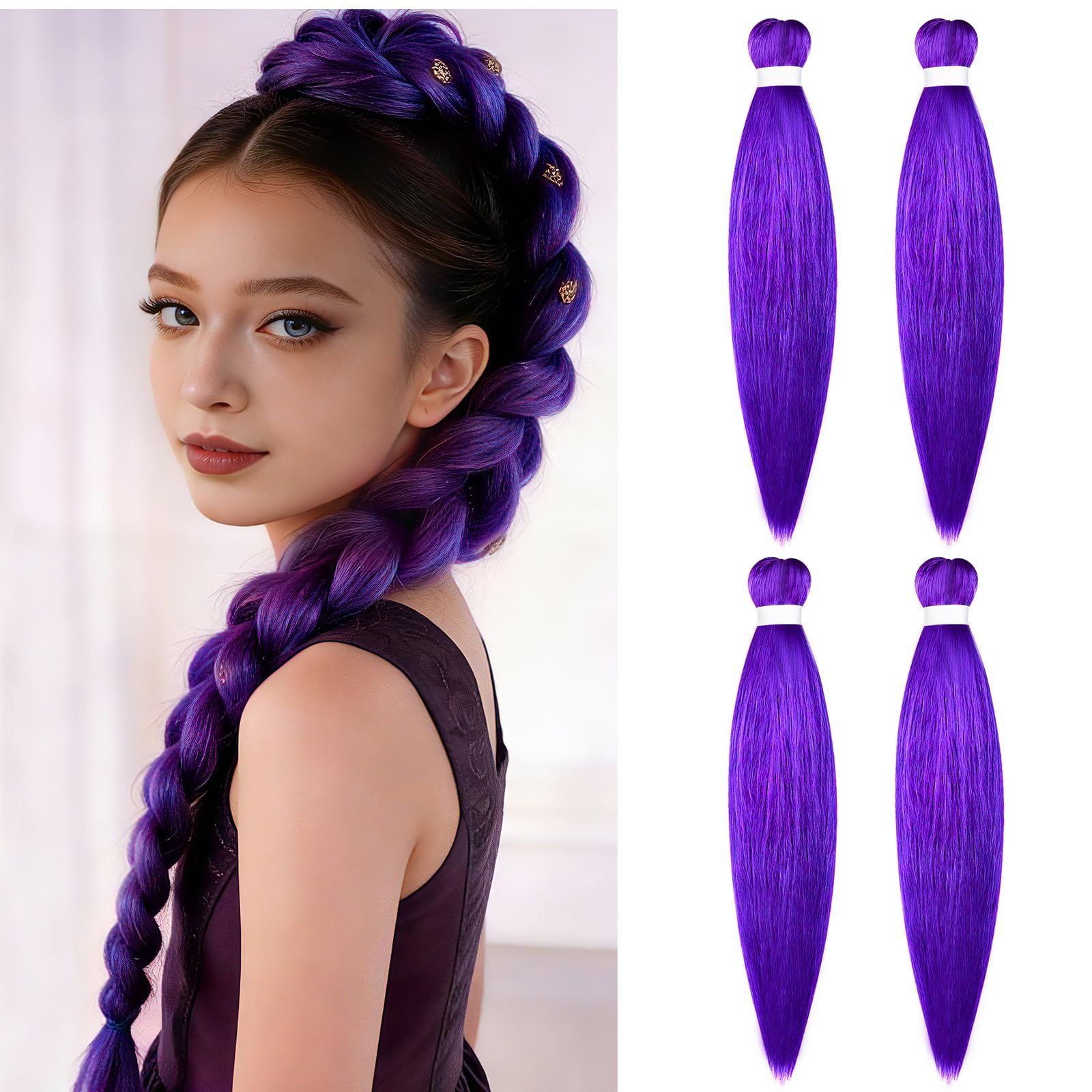Aomig Rajout Cheveux Tressés Pré-étirés Violet, 4 Paquets 27 Pouces Meches Cheveux Extension Pre Stretched Braiding Hair Tresse Cheveux Synthétique Hair Hot Water Setting Crochet Extensions