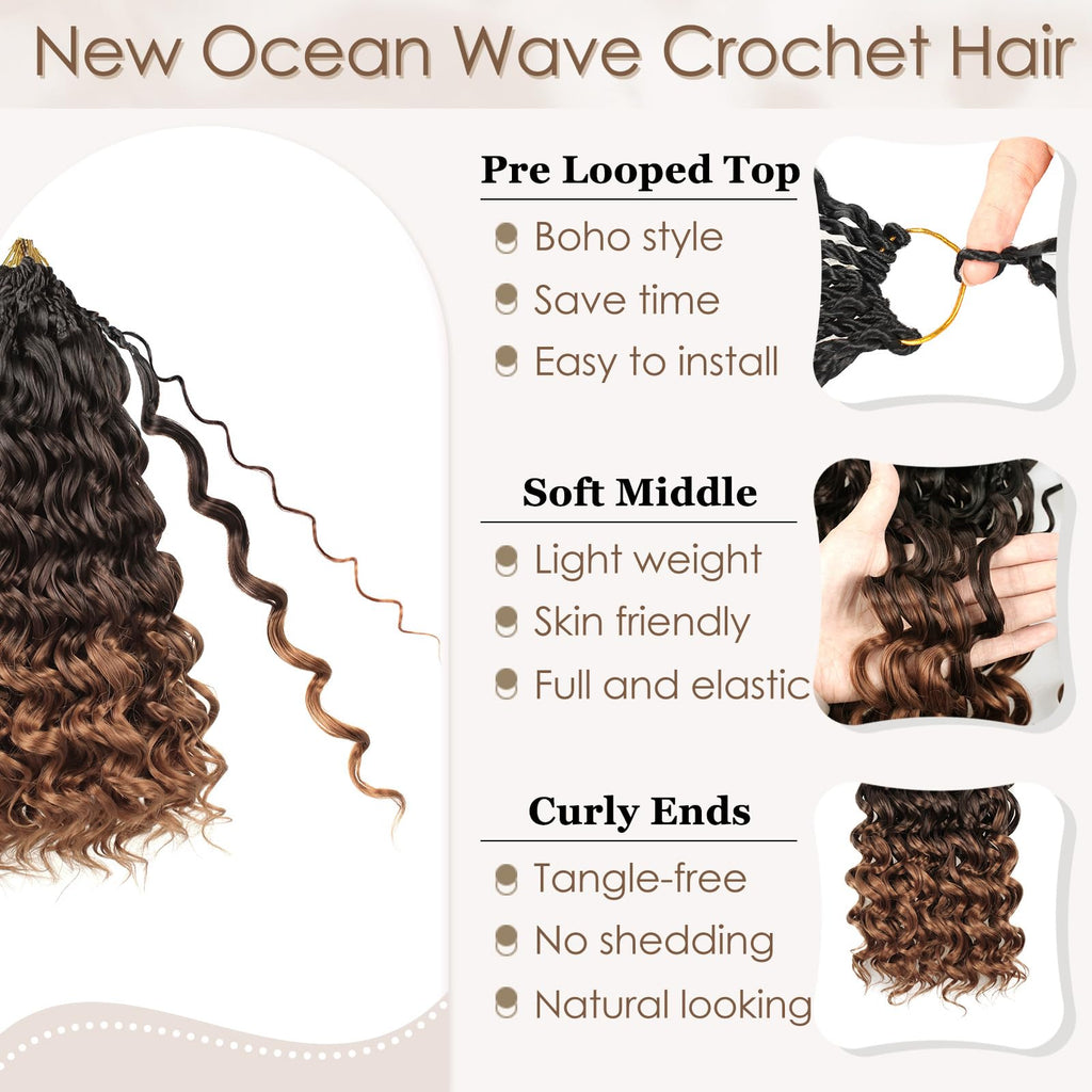Enbeautiful 14 Inch 8 Packs Pre-Looped Ocean Wave Crochet Hair Pre-Twisted Deep Water Beach Curly Braiding Hair Synthetic Boho Wavy Curly Hair Extensions for Women（14 Inch,TBug）