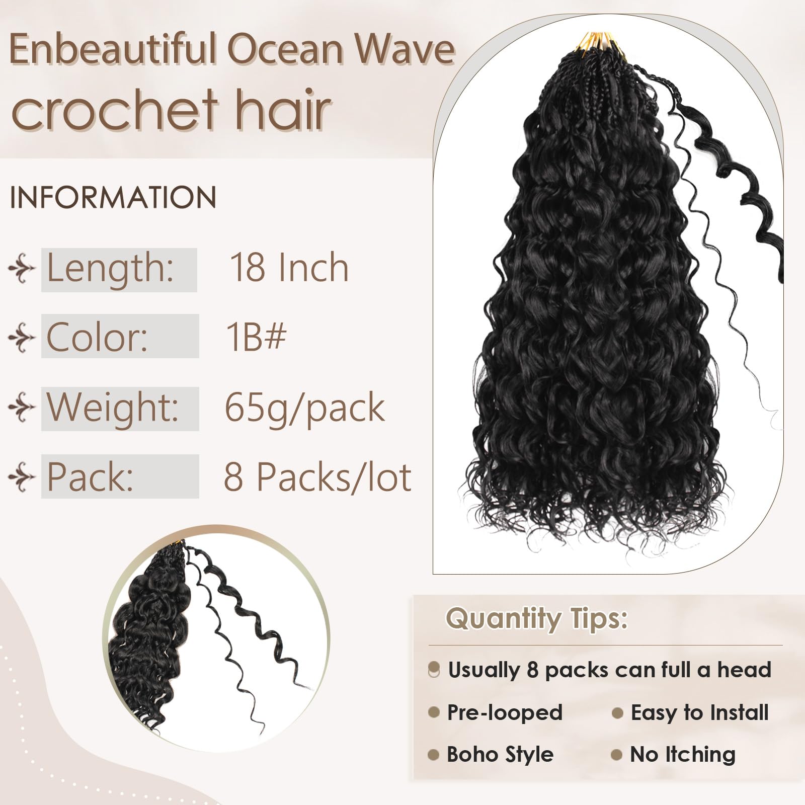 Enbeautiful 14 Inch 8 Packs Pre-Looped Ocean Wave Crochet Hair Pre-Twisted Deep Water Beach Curly Braiding Hair Synthetic Boho Wavy Curly Hair Extensions for Women（14 Inch,TBug）