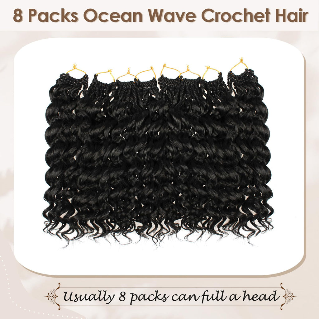 Enbeautiful 14 Inch 8 Packs Pre-Looped Ocean Wave Crochet Hair Pre-Twisted Deep Water Beach Curly Braiding Hair Synthetic Boho Wavy Curly Hair Extensions for Women（14 Inch,TBug）