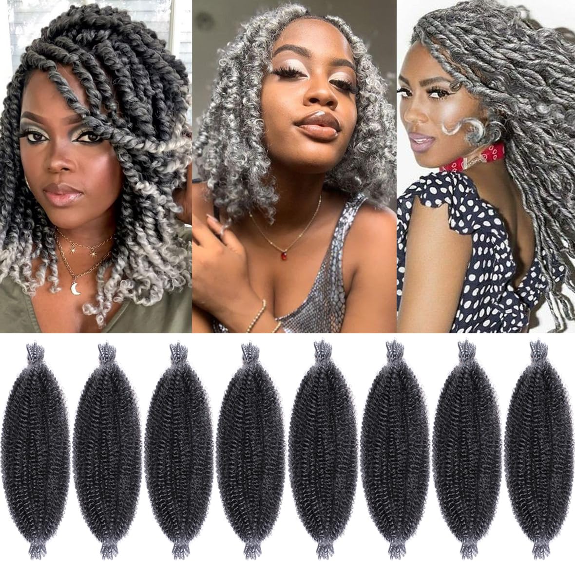 Leeven 16 Pouces Pre Separated Springy Twist Hair 8 Packs Pre-Fluffed Popping Crochet for Distressed Locs Afro Kinky Curly Marley Braiding Hair Extensions /1B#