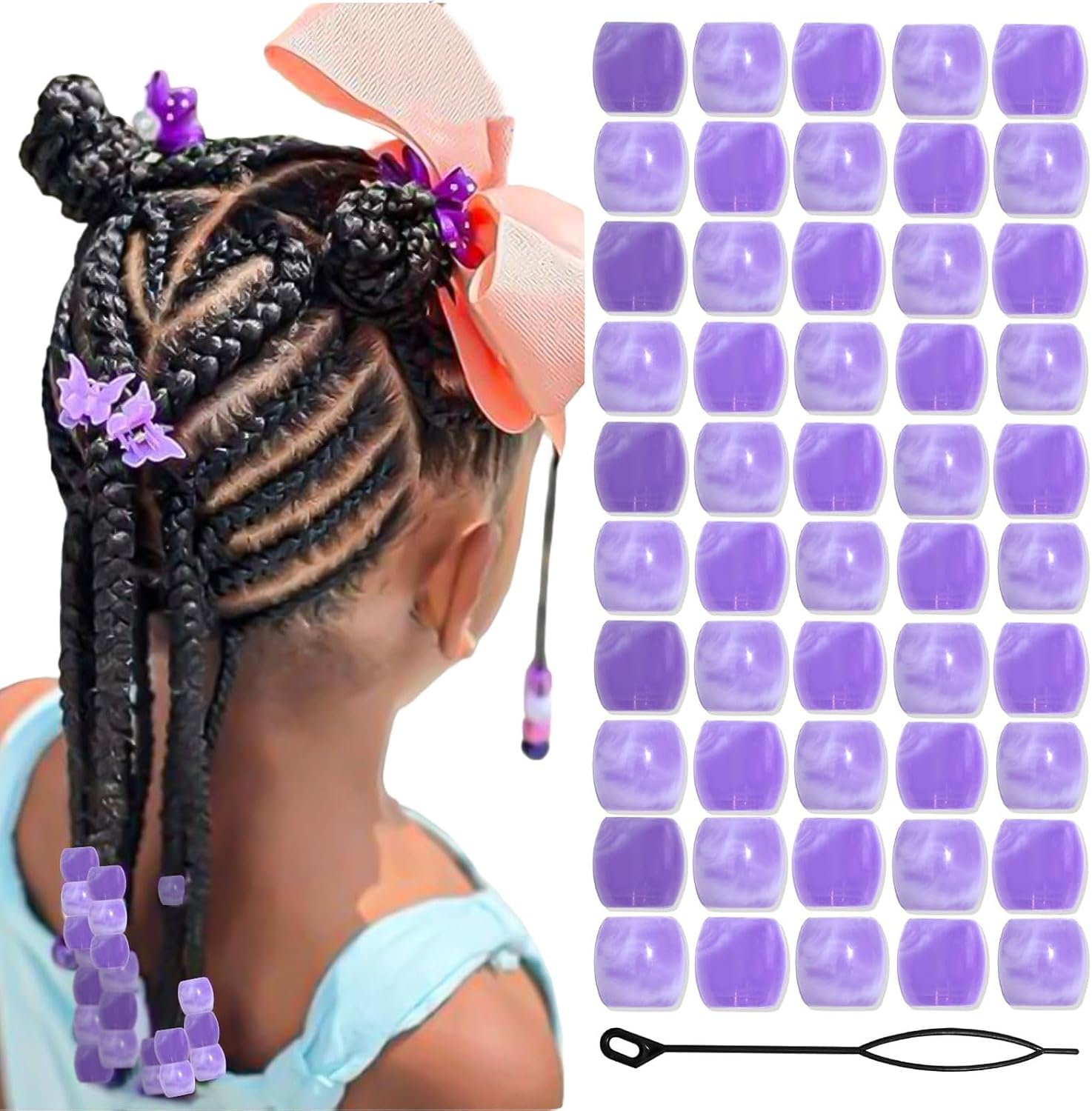 50PCS Perles à Cheveux Transparentes pour Tresses, Grosses Perles en Acrylique, Accessoires pour Dreadlocks, Bijoux pour Cheveux pour Enfants Filles avec Aide à